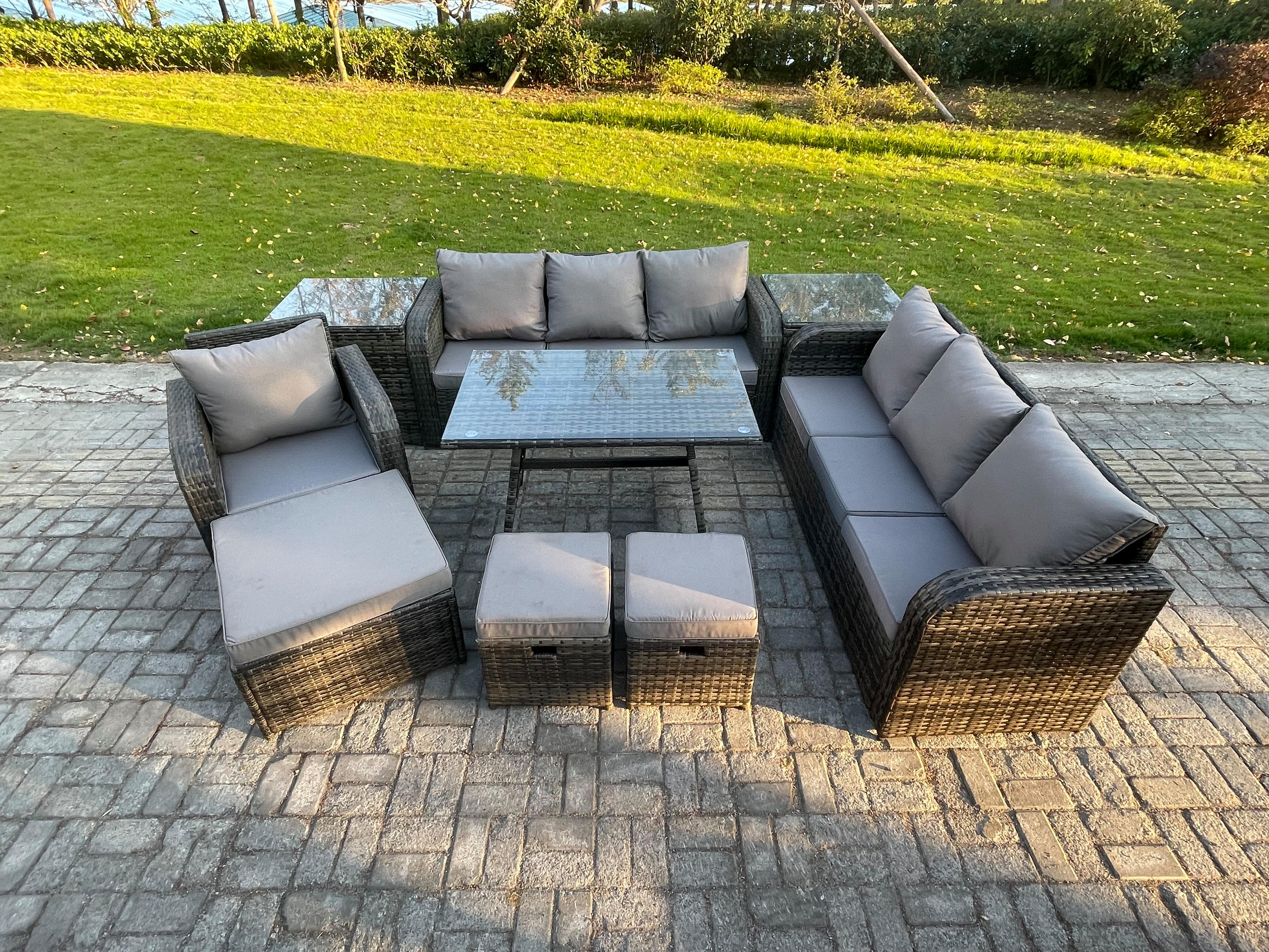 GARTENSET Hohe Rückenlehne Polyrattan 10-Sitzer - Dunkelgrau/Grau, Glas/Kunststoff - Fimous