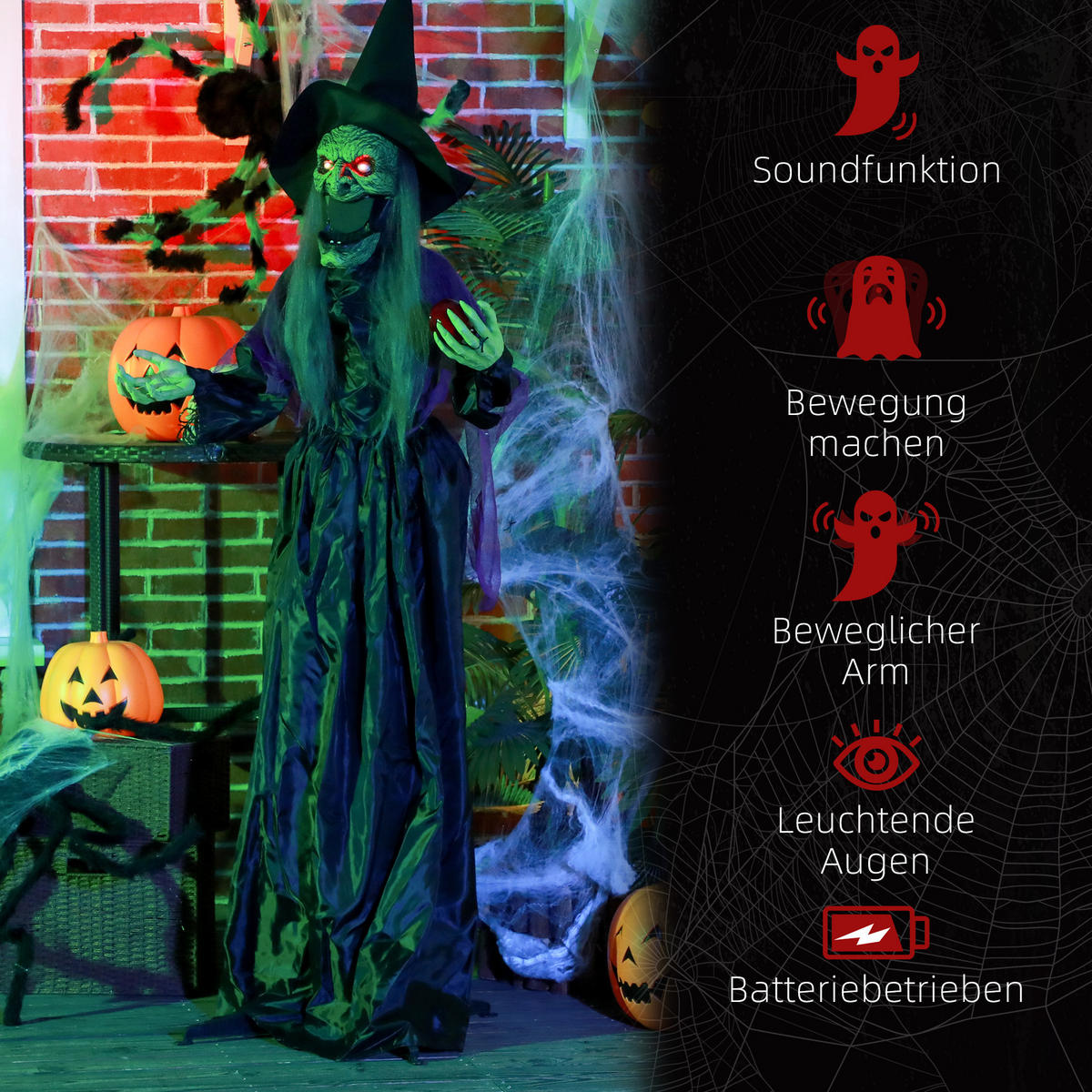 HALLOWEEN DECORATIONS 180cm Halloween-Hexe mit Giftapfel LED-Lichter, Soundfunktion - Schwarz, Kunststoff/Metall (70/180/18cm) - HOMCOM