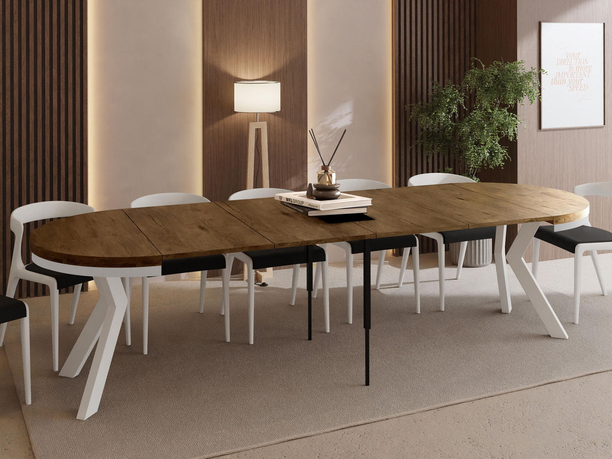 ESSTISCH Savio Weiß Neo rund ausziehbar verlängerbar XXL, Eiche Braun Rustikal 100-300/100/77 cm - Alteiche/Weiß, Holz/Holzwerkstoff (100/100/77cm) - WFL GROUP