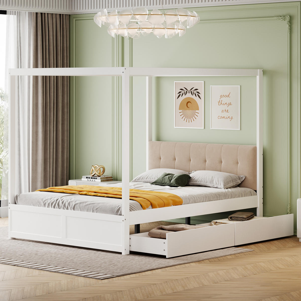 HIMMELBETT 140/200 cm weiß mit großen Schubladen und gepolsterter Rückenlehne - Weiß, Holz (140/200cm) - OKWISH