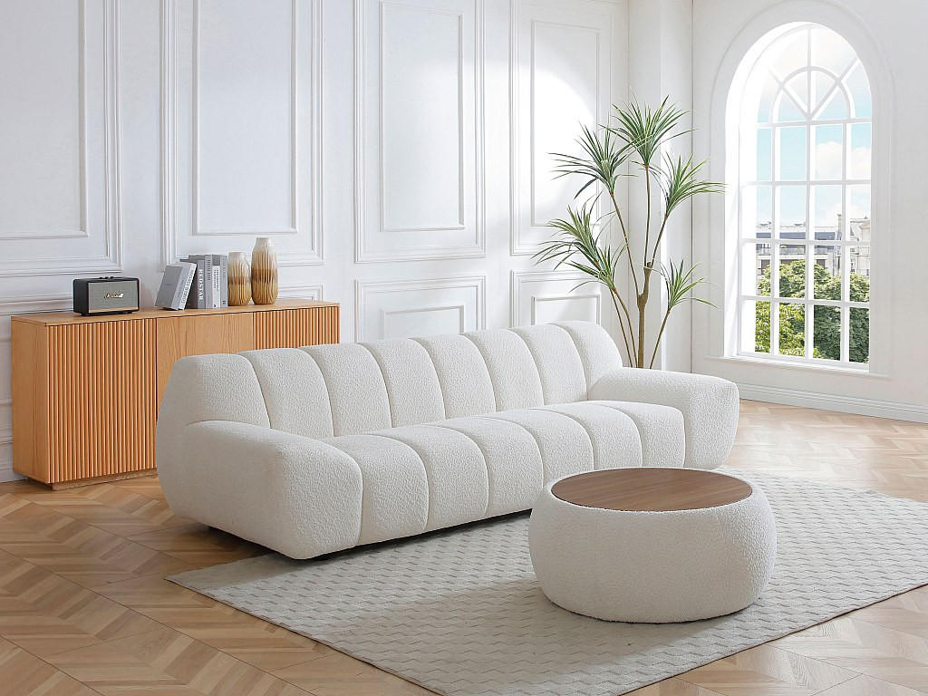 COUCHTISCH - Mit Stauraum und Bouclé-Stoff + MDF - Weiß - SORIELI - Weiß, Holz (85/85/37cm) - Vente-Unique