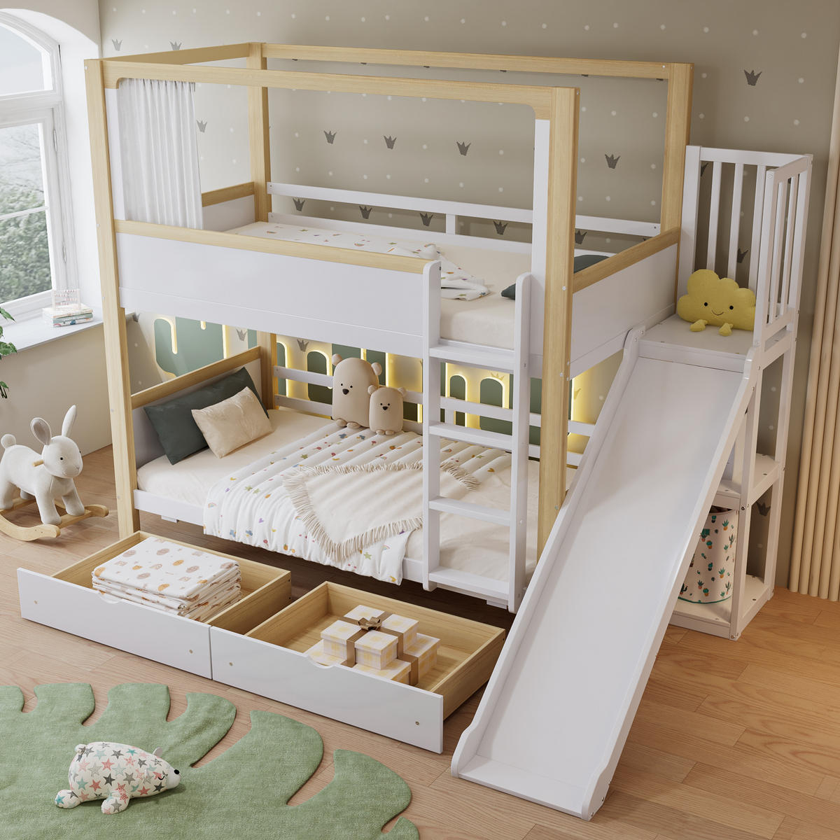 ETAGENBETT 90/200 cm Weiß+Natur mit Kinderrutsche und Stauraum - Weiß, Holzwerkstoff (90/200cm) - OKWISH