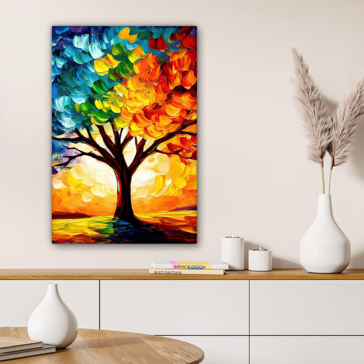 LEINWANDBILD - Baum - Kunst - Natur - Sonnenuntergang - 60x90 - Kunstdruck - Multicolor, Textil (60/90cm) - MuchoWow