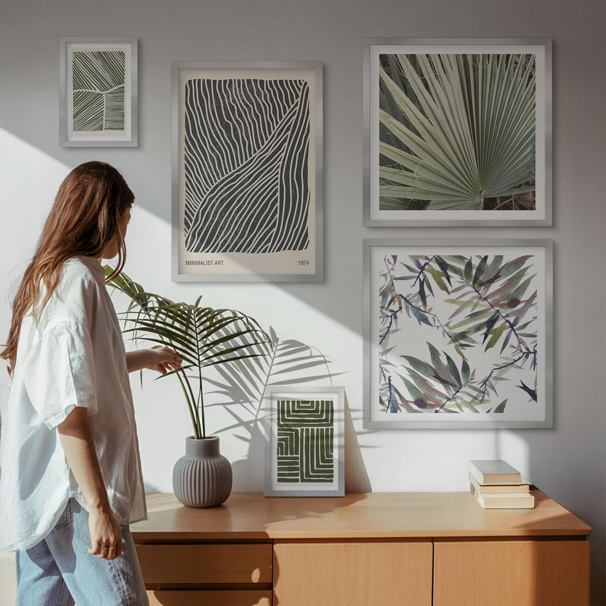 WANDBILDER 5er Set - 50x50 cm & 20x30 cm & 40x60 cm Silberner Rahmen - Formmuster in Grün - Silberfarben, Kunststoff (40/60cm) - ArtPrintCave