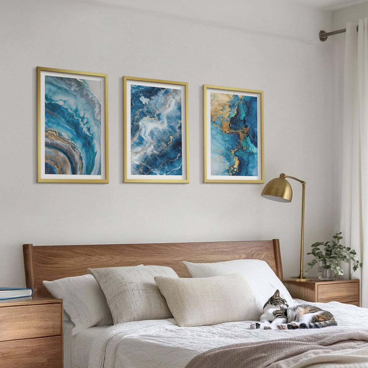 BILDER SET 3er Set - 40x60 cm Goldrahmen - Blaue abstrakte Muster - Goldfarben, Kunststoff (40/60cm) - TULUP