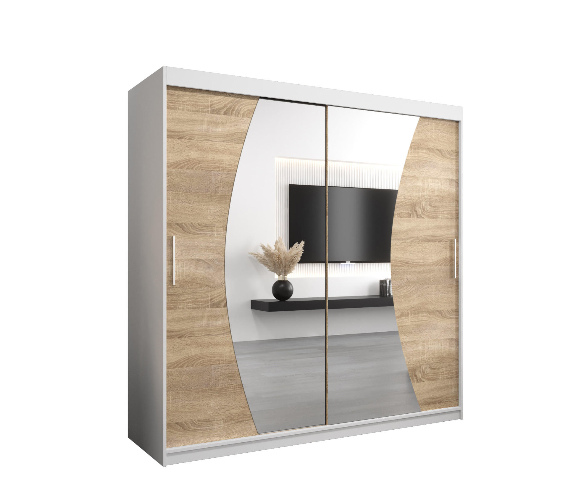 Abiks Möbel Schwebetürenschrank Weiß, Sonoma Eiche 200x200x62 cm