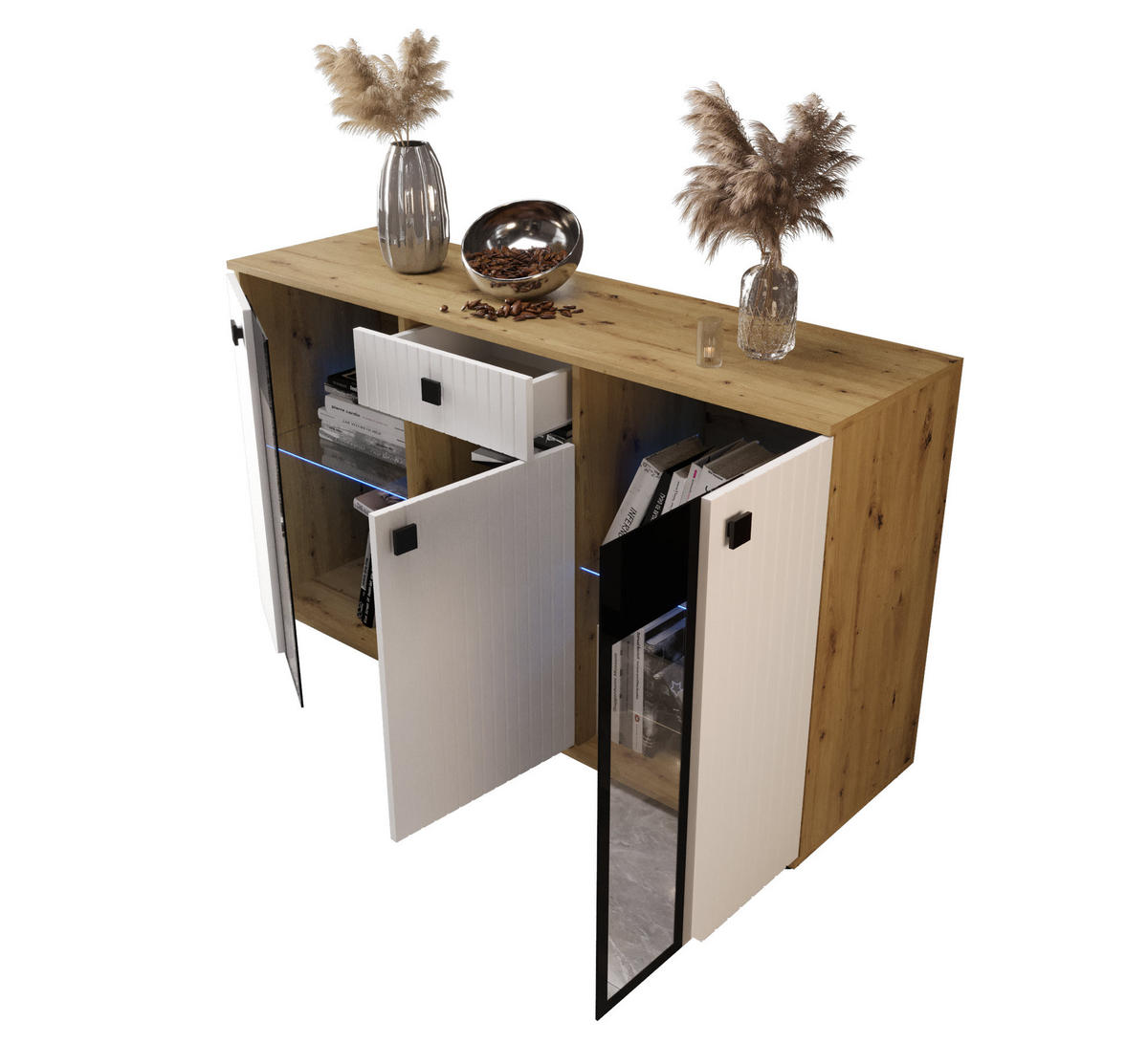 KOMMODE London LSMK LAMELE mit 3 Türen, Sideboard in Farbe: Weiß|Braun, Größe: 140 x 80 x 40 cm - Weiß/Braun, Holzwerkstoff (140/80/40cm) - O-Sofa