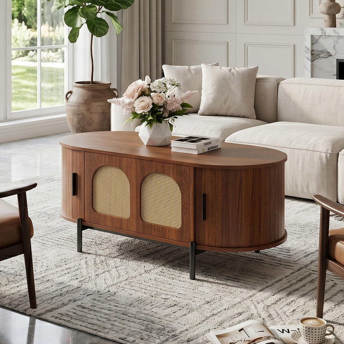 COUCHTISCH in Holzoptik mit Rattan, ovale Form und Schiebetüren - Walnussfarben, Holzwerkstoff (50/100/40cm) - Urban Meuble
