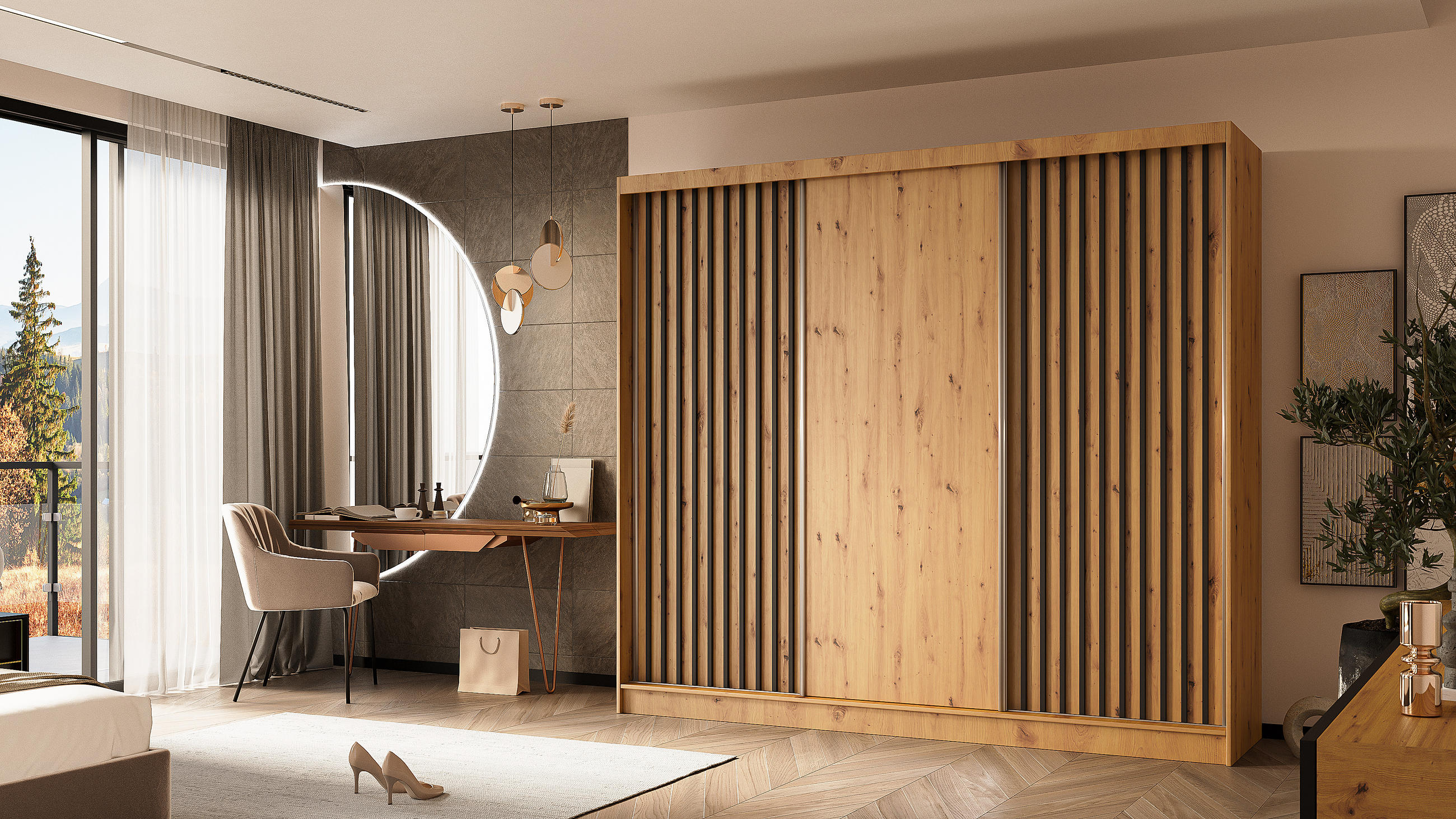 KLEIDERSCHRANK mit furnierten Schiebetüren und Aluminium-Leisten - LABELO - 240 cm Artisan+Artisan+Schwarz - Schwarz/Eiche Artisan, Holzwerkstoff (240/216/61cm) - ALTDECOR