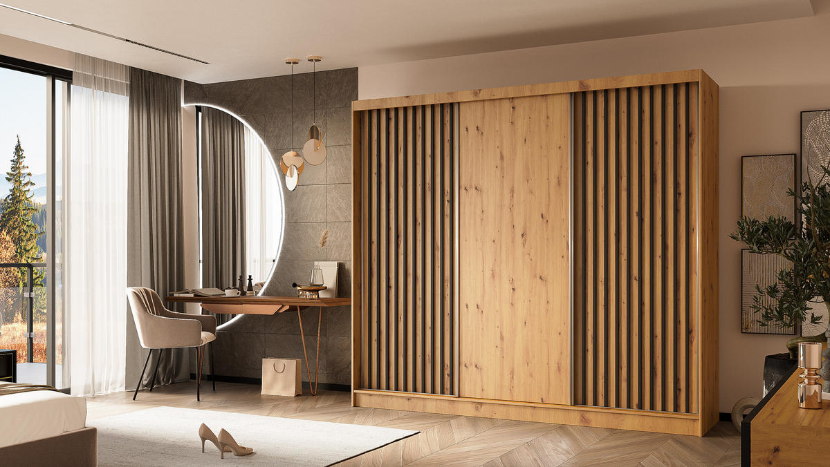 KLEIDERSCHRANK mit furnierten Schiebetüren und Aluminium-Leisten, LED-Beleuchtung - LABELO - 240 cm Artisan+Artisan+Schwarz - Schwarz/Eiche Artisan, Holzwerkstoff (240/216/61cm) - ALTDECOR