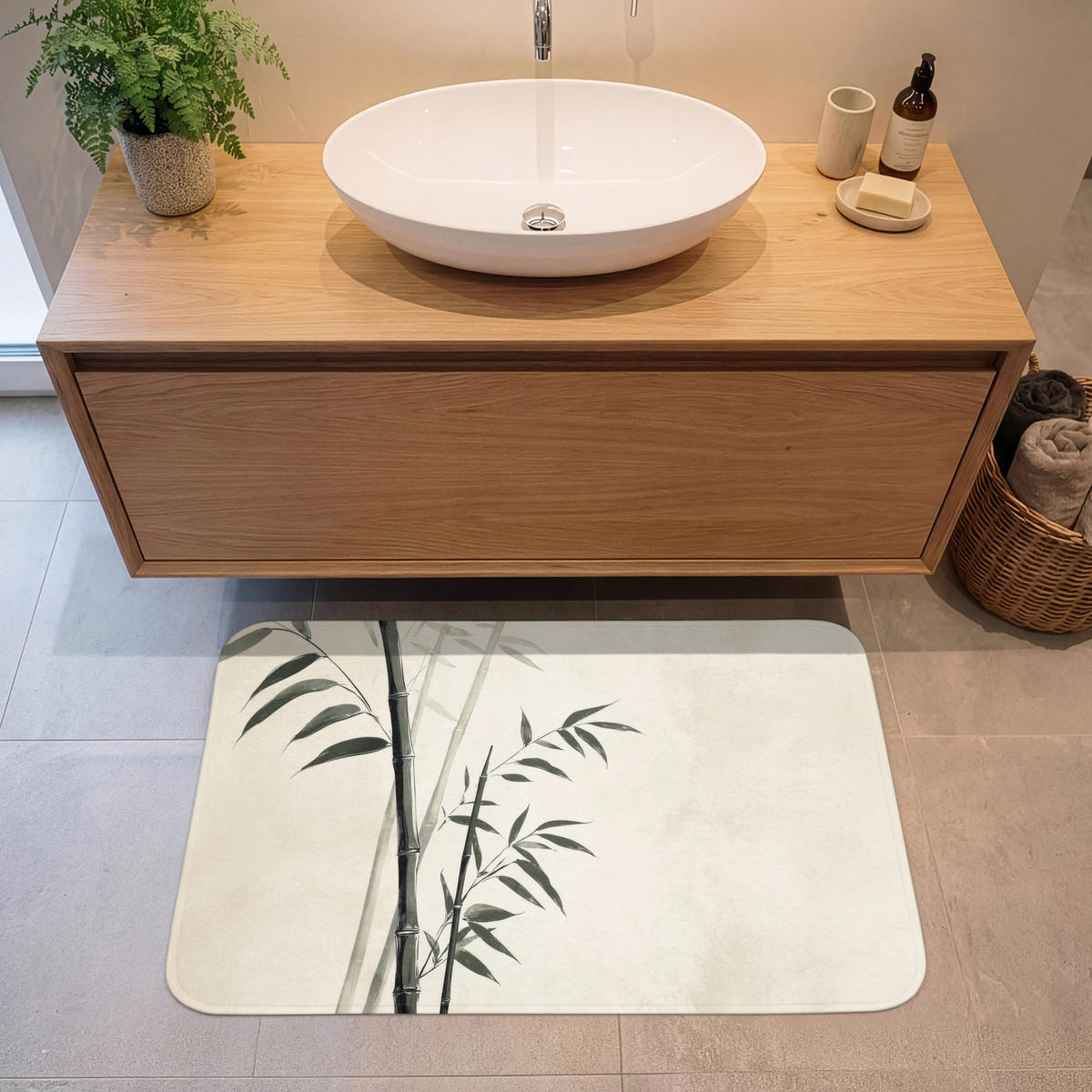 KOUPELNOVÁ PŘEDLOŽKA Japandi - Bambus - béžová 90x60 cm - ecru, textil/plast (90/60cm) - OnlyWow