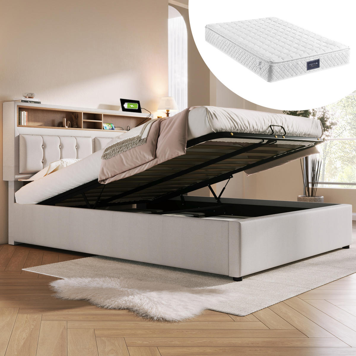 POLSTERBETT aus Leinen 140x200 cm Beige mit Matratze, Stauraum, USB- und Type-C-Anschluss - Beige, Textil (140/200cm) - IVMEU