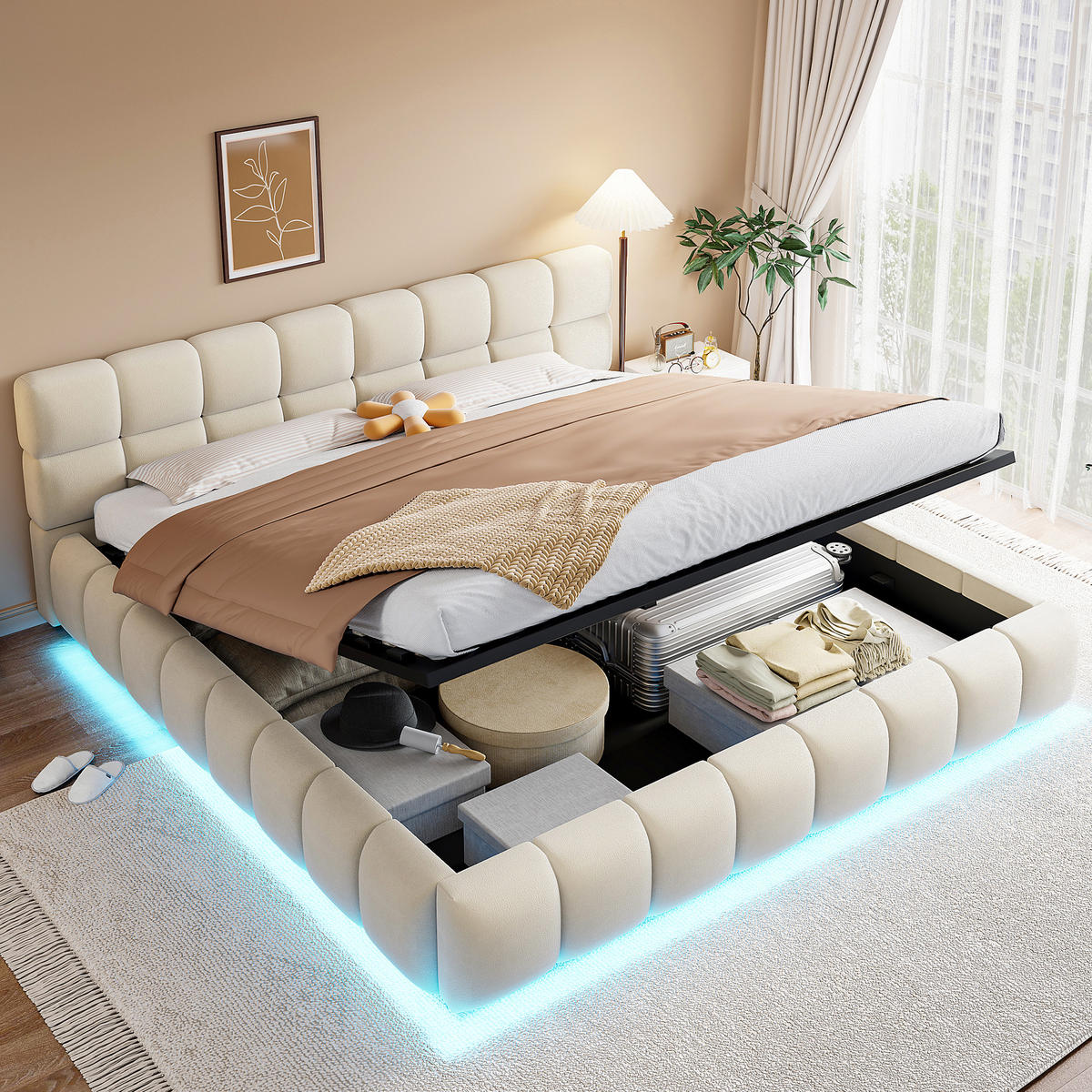 POLSTERBETT 180/200 cm in Beige mit Bettkasten und LED Samt - Beige, Holzwerkstoff/Textil (180/200cm) - STILVORA