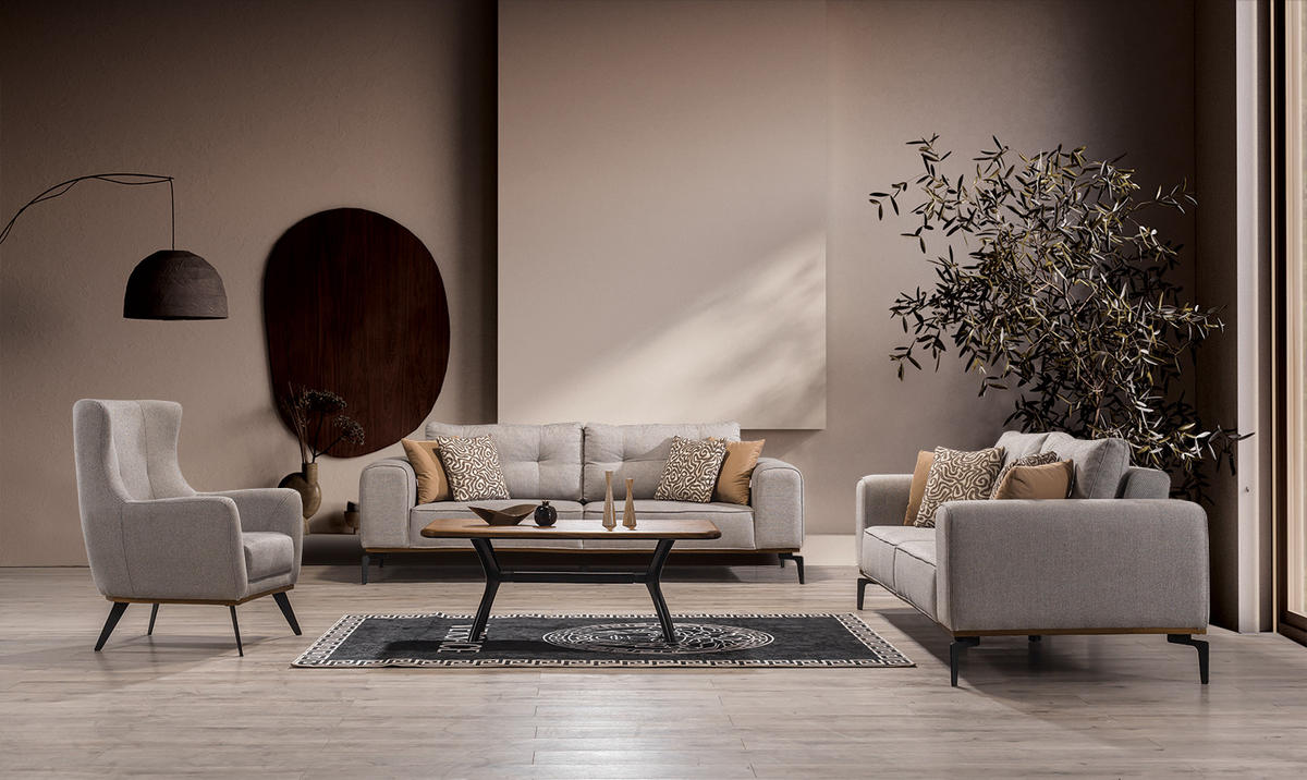 SITZGARNITUR Tubby Creme Stellvariante:3+2 - Grau, Holz (229/73/93cm) - Villa Möbel