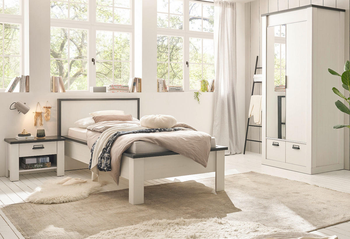 KLEIDERSCHRANK weiß Pinie, anthrazit Landhaus, Drehtürenschrank 2-türig mit Spiegel 93 x 209 cm - Anthrazit/Weiß, Holzwerkstoff/Metall (93/209/63cm) - Furn.Design