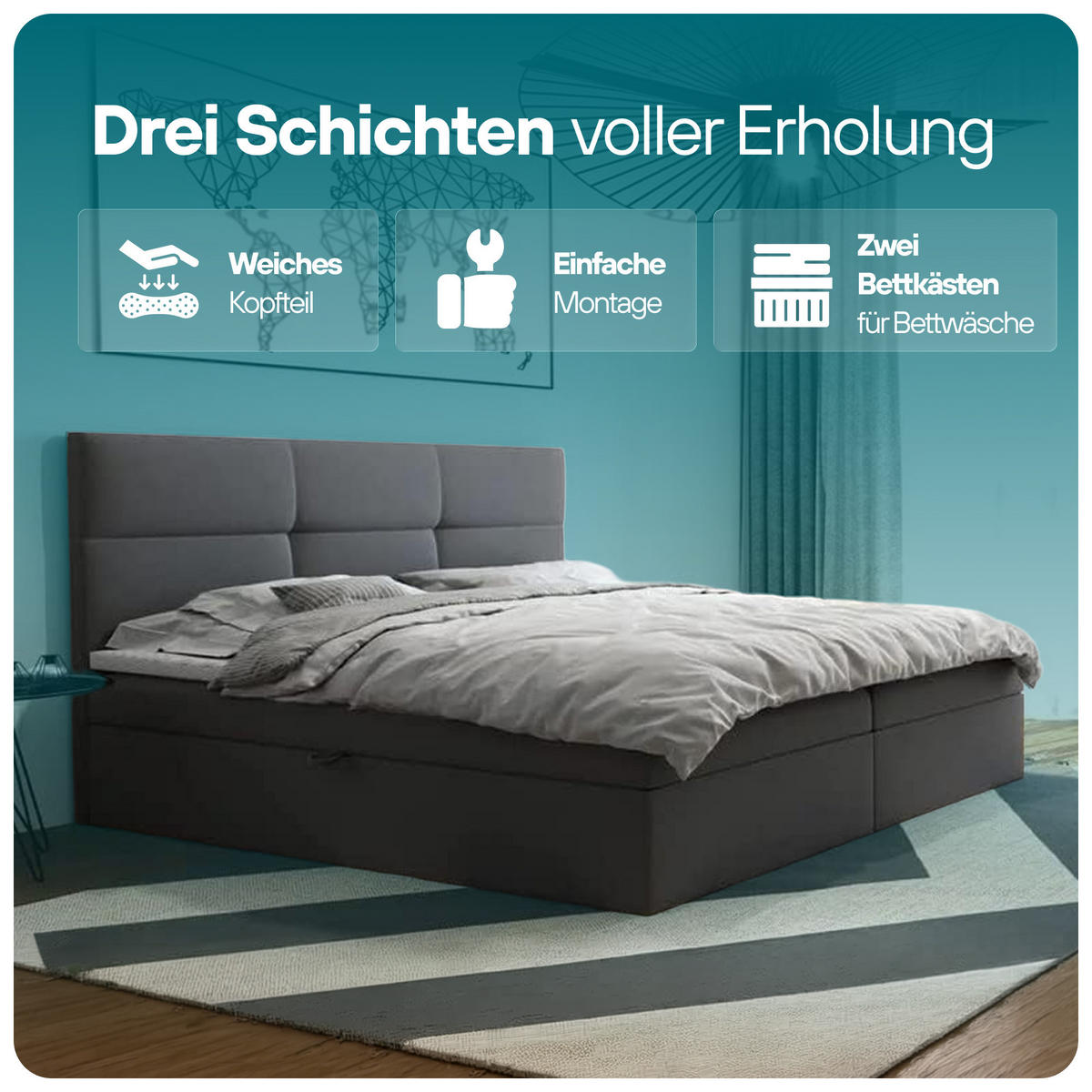 BOXSPRINGBETT 200x200 cm, TOP mit Bonellmatratze, Elegant gestepptes Kopfteil und Bettkasten, Dunkelgrau - Dunkelgrau, Holzwerkstoff/Kunststoff (200/200cm) - Trada
