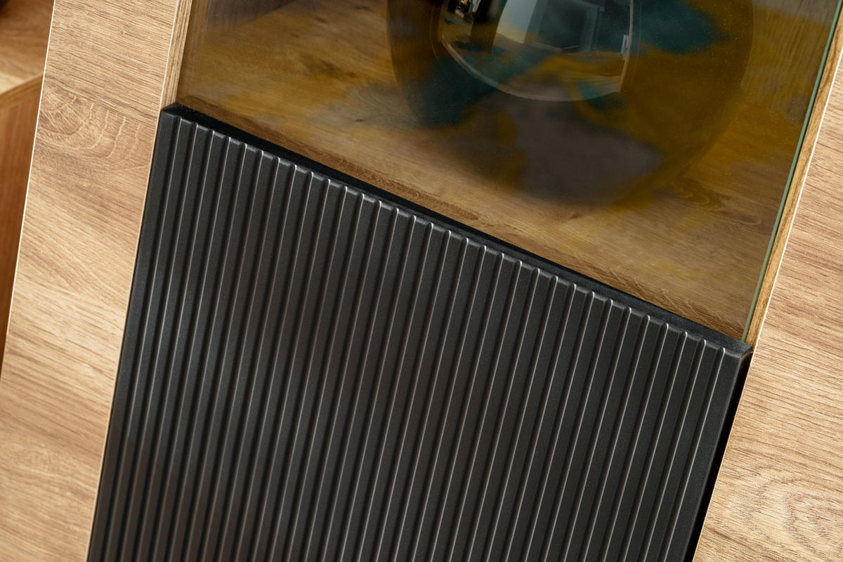 WOHNWAND Eiche, schwarz 4-teilig 350 cm, Schrankwand mit Kamin, inkl. Beleuchtung - Eichefarben/Schwarz, Glas/Holzwerkstoff (350/197/45cm) - Inn.Furn