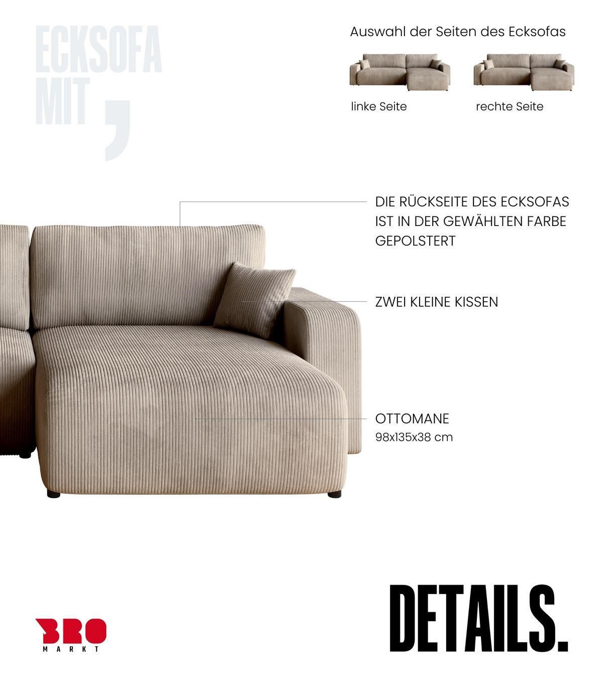 ECKSOFA PUMI XL mit Schlaffunktion Beige Cord - Beige, Textil (274/148cm) - Bromarkt