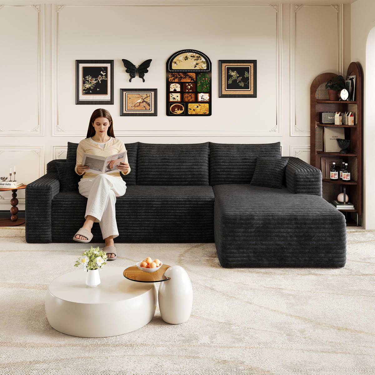 ECKSOFA Cord Schwarz Ohne Montage - Schwarz, Textil (241/151cm) - WISHDOR