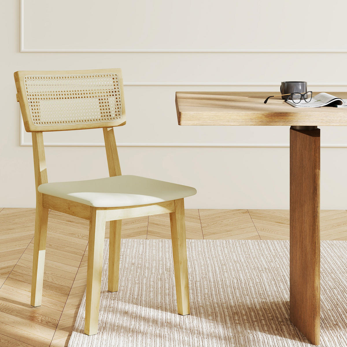 ESSZIMMERSTUHL Küchenstuhl mit Rückenlehne, Polsterstuhl mit Holzbeine, Natur - Creme/Naturfarben, Holz/Kunststoff (46.5/85/53cm) - HOMCOM