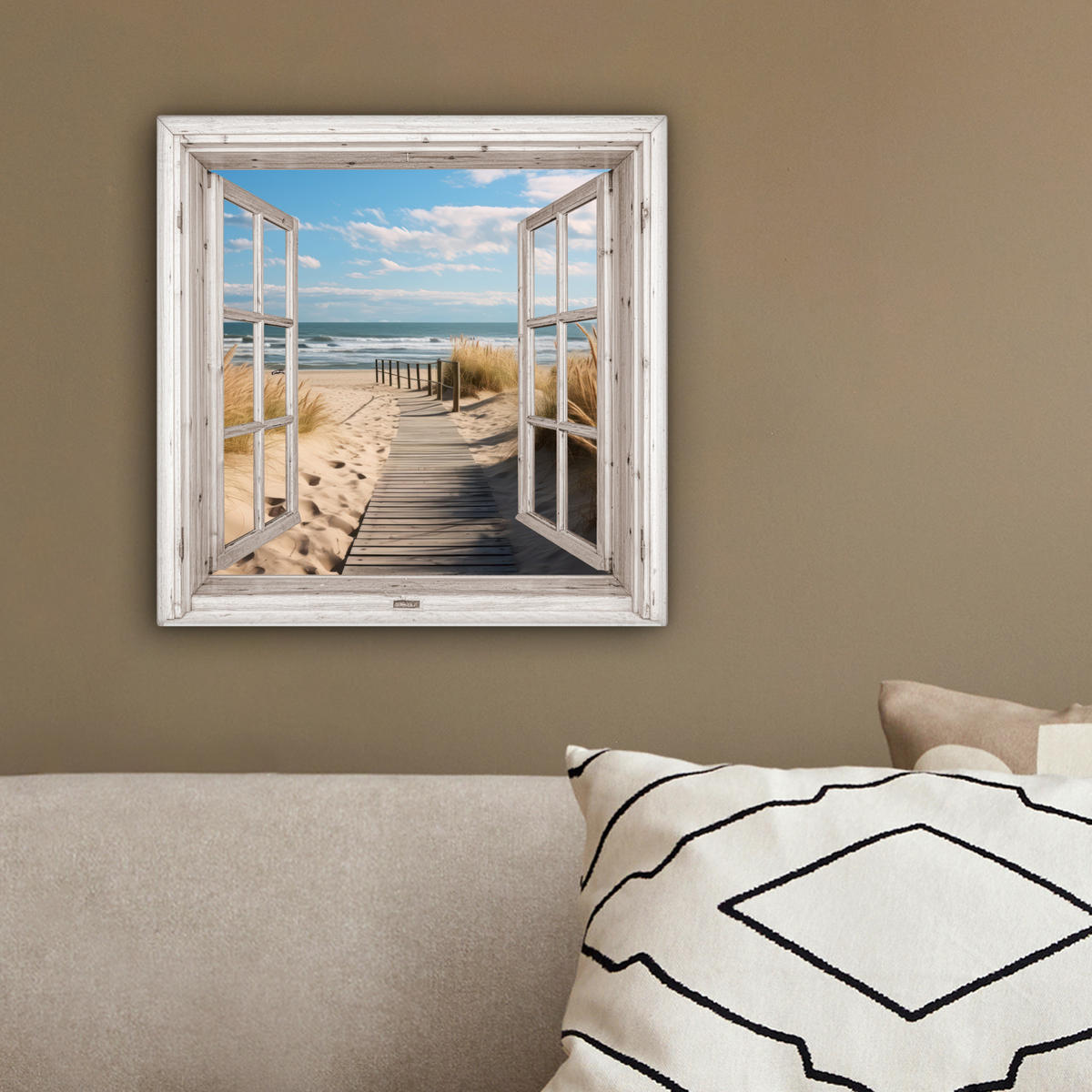 LEINWANDBILD Fenster - Meer - Küste - Natur - Ausblick - Strand - Wattenmeer 20x20 cm - Beige, Textil (20/20cm) - MuchoWow