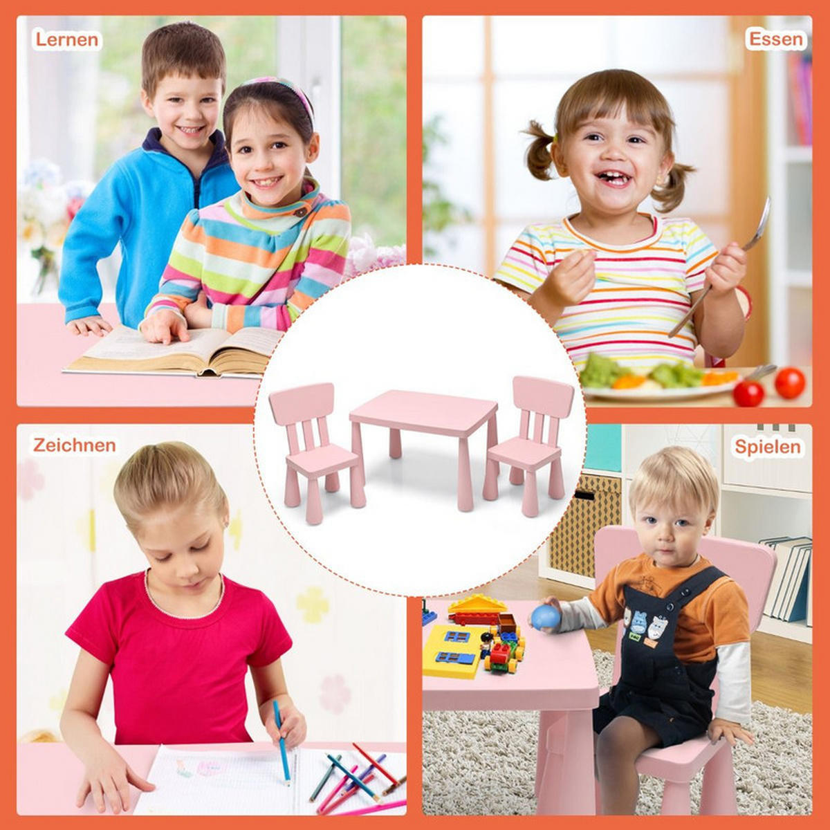 KINDERTISCH mit 2 Stühlen rosa(3-tlg) - Pink, Kunststoff (76.5/49.5/54.5cm) - COSTWAY