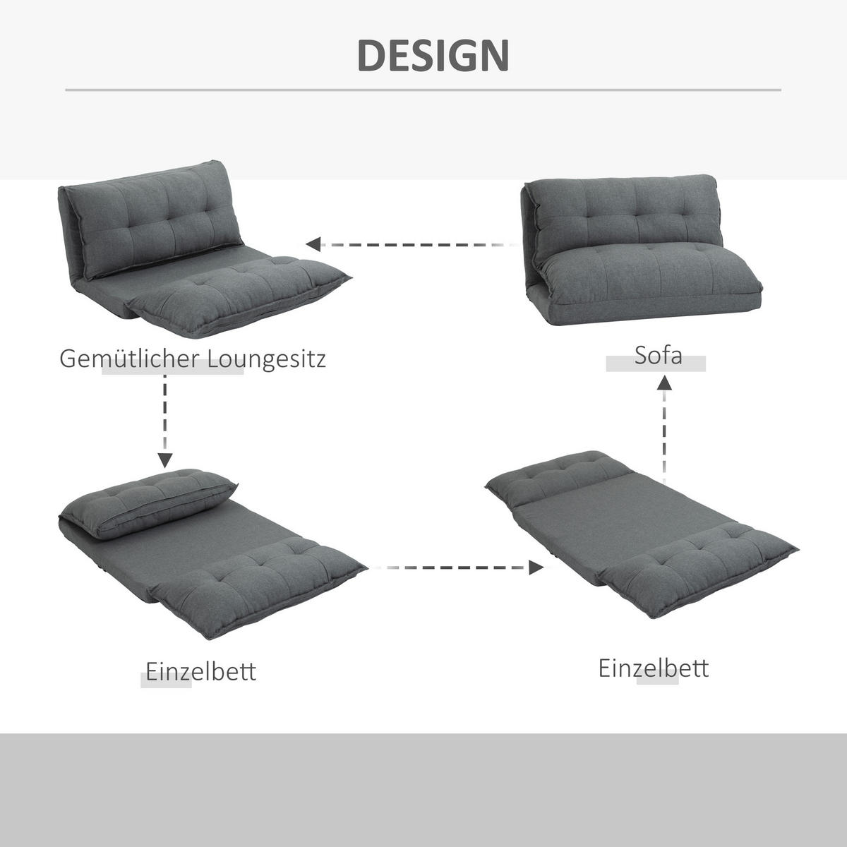 BODENSTUHL 2-in-1 Bodensessel Bett mit Rückenlehne 13 Positionen Verstellbar - Grau, Metall (71/54/100cm) - HOMCOM