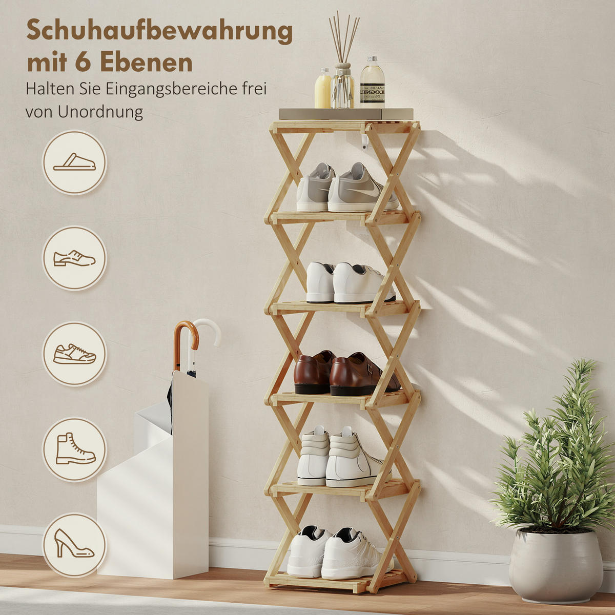 SCHUHREGAL klappbar Schuhständer mit 6 Ebenen aus Bambus für max. 9 Paar Schuhe - Naturfarben, Naturmaterialien (29/108/30cm) - HOMCOM