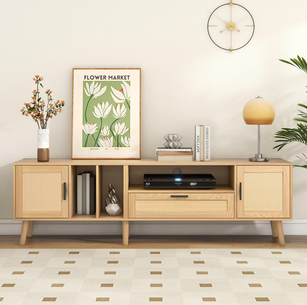 TV-SCHRANK in Eiche-Optik mit Rattan-Front, 2 Türen und 1 Schublade 180/40/48 cm - Eichefarben, Holzwerkstoff (180/54/40cm) - Redom