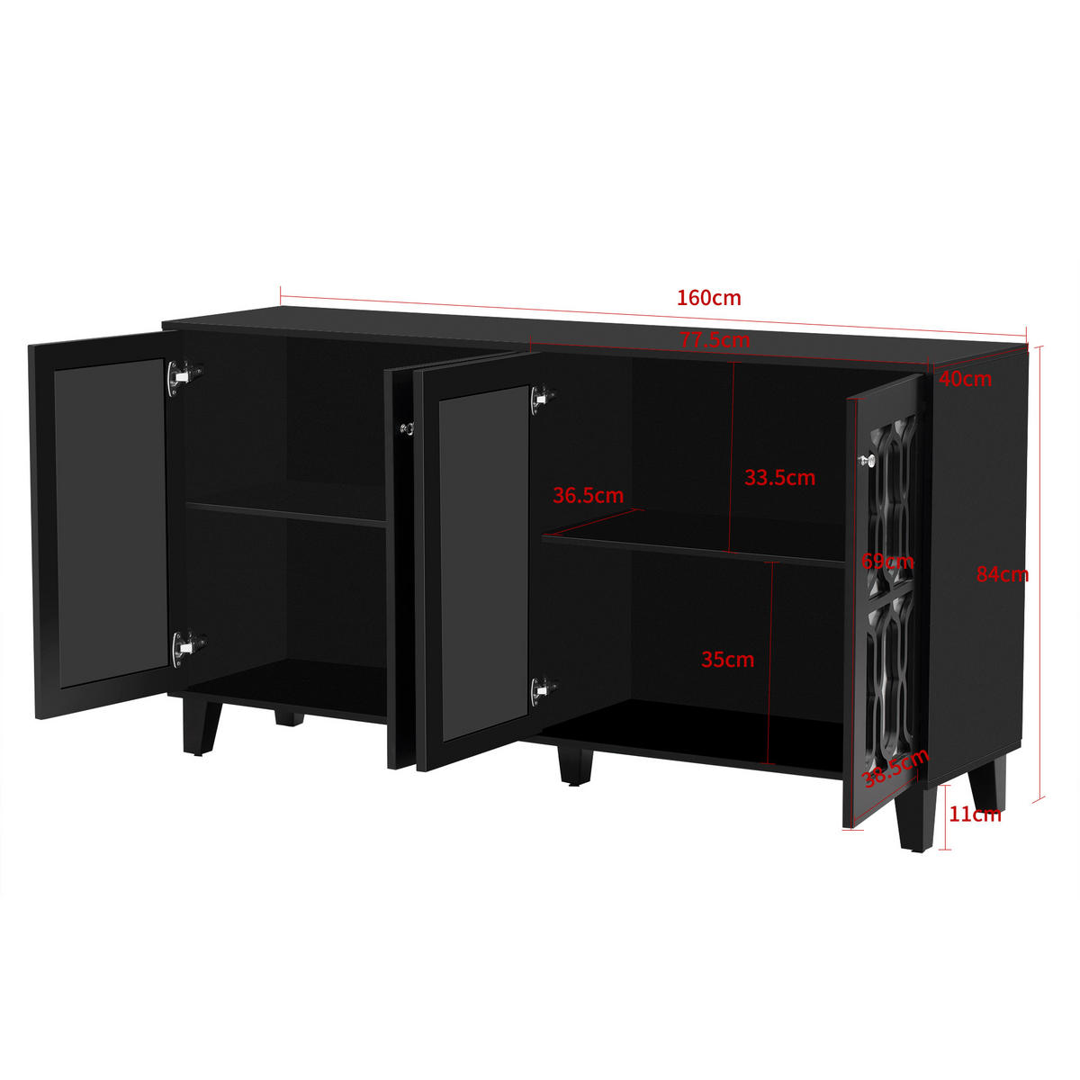 IN Schwarz Kommode mit Kristallgriffen, 4 Türen und verstellbaren Einlegeböden für Wohn- und Esszimmer, B160/T40/H84cm - Schwarz, Glas/Holzwerkstoff (160/84/40cm) - STILVORA
