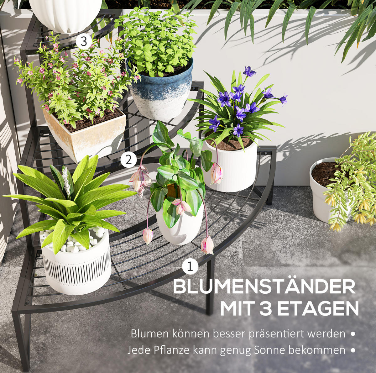 GARTENREGAL aus Metall 87x60x60 cm in Schwarz mit 3 Ebenen - Schwarz, Metall (60/60/87cm) - Modfu