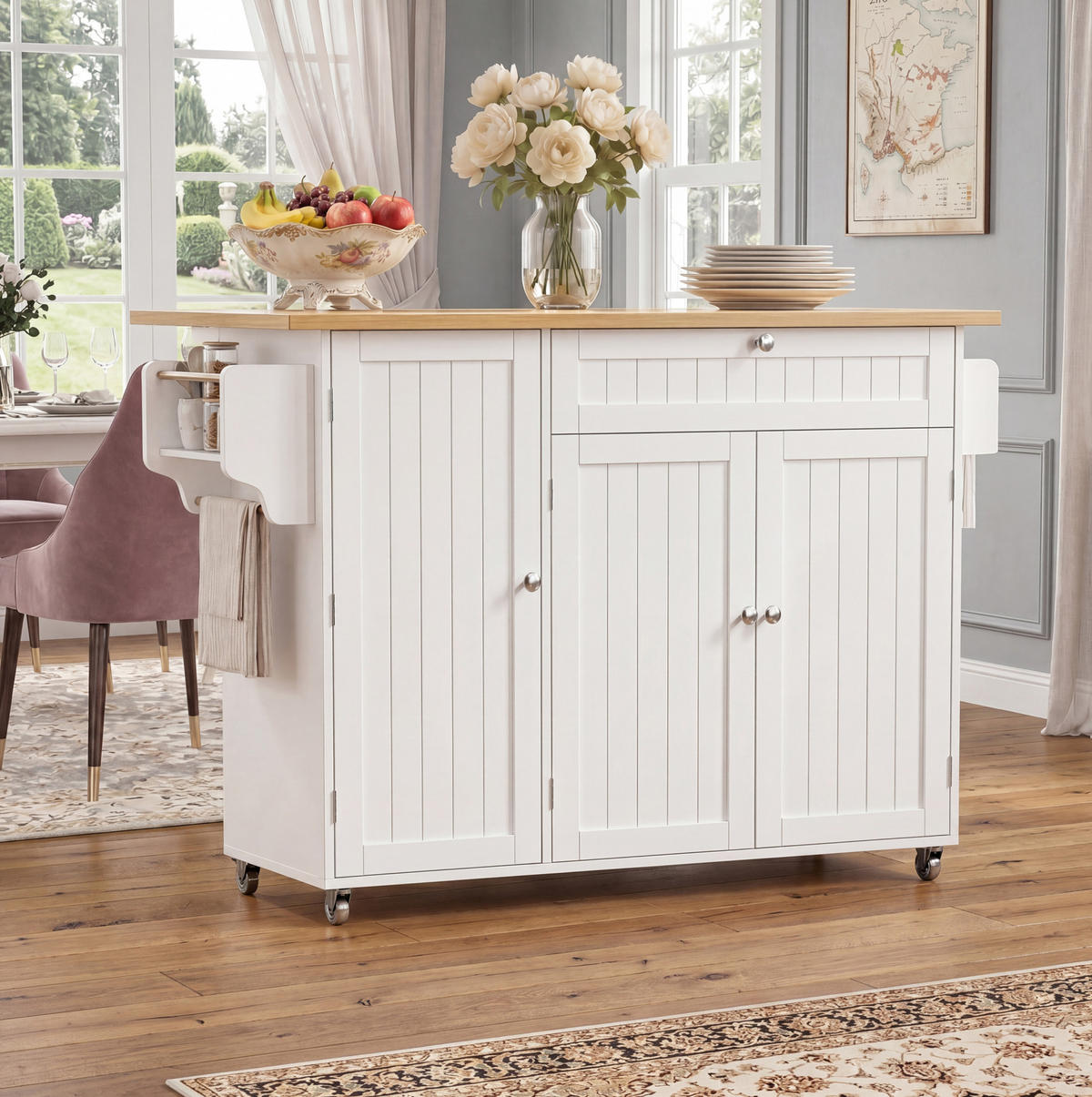 KÜCHENWAGEN mit Klappplatte, Schublade und Stauraum 120 x 70/45 x 92 cm Natural White - Naturfarben, Holz (70/92/120cm) - Beauniv