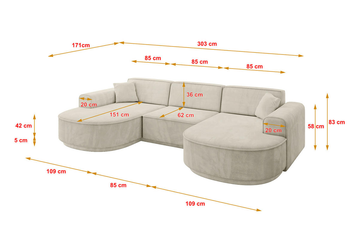 WOHNLANDSCHAFT MARI-U1-v3 - 303x171x83 cm Ecru Velours - Ecru/Schwarz, Holzwerkstoff/Kunststoff (303/83/171cm) - ALTDECOR