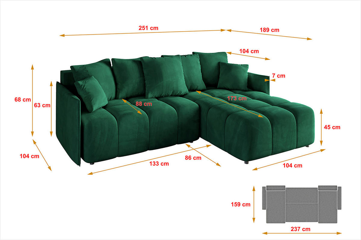 ECKSOFA Ottomane rechts LONLI-L 251x189x68 Dunkelgrün Velours - Dunkelgrün, Holzwerkstoff/Kunststoff (189/251cm) - ALTDECOR