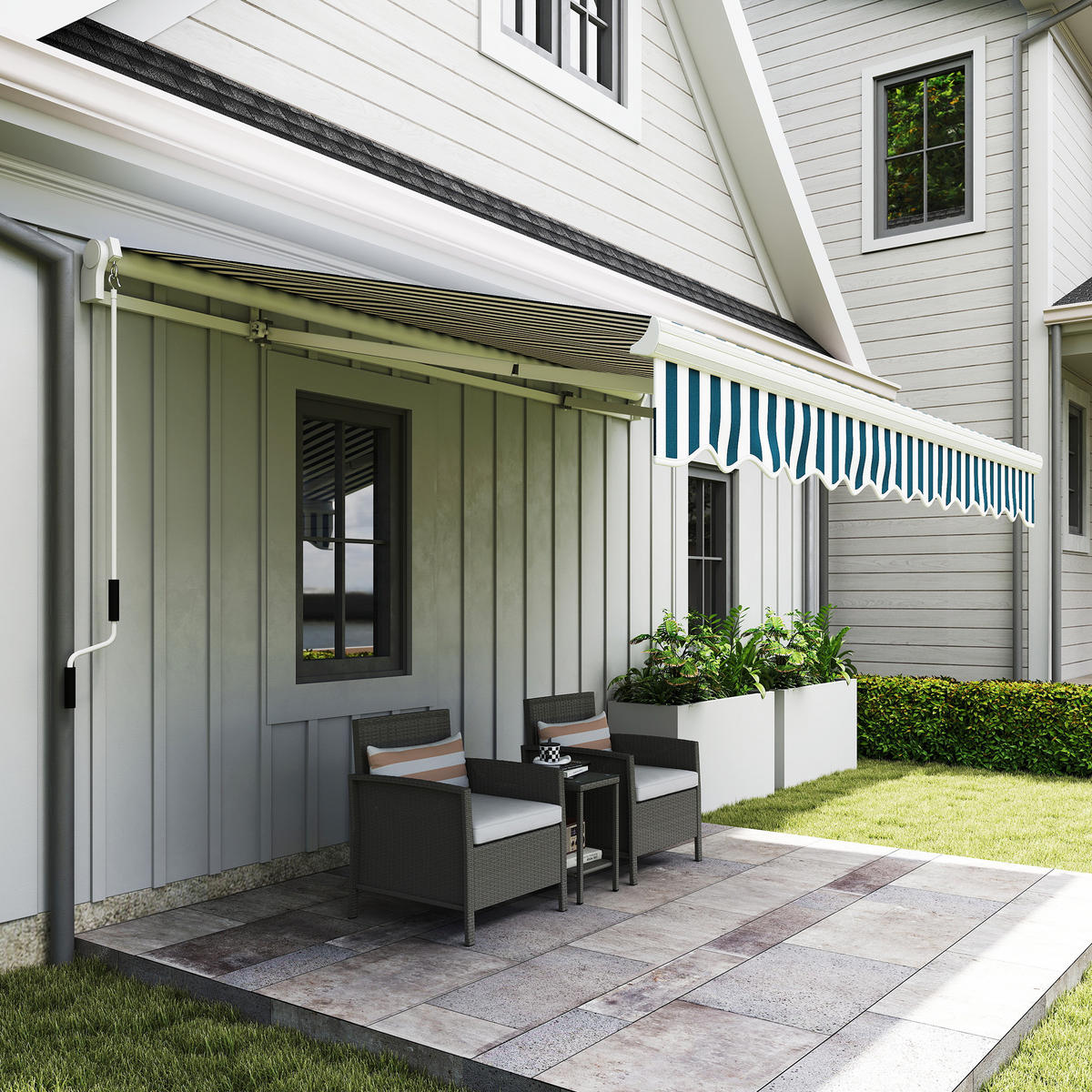 MANUELLE Gelenkarmmarkise Markise 3,95m mit Kurbel Sonnenschutz Alu Weiß+Grün - Grün, Metall (245/1/395cm) - Outsunny