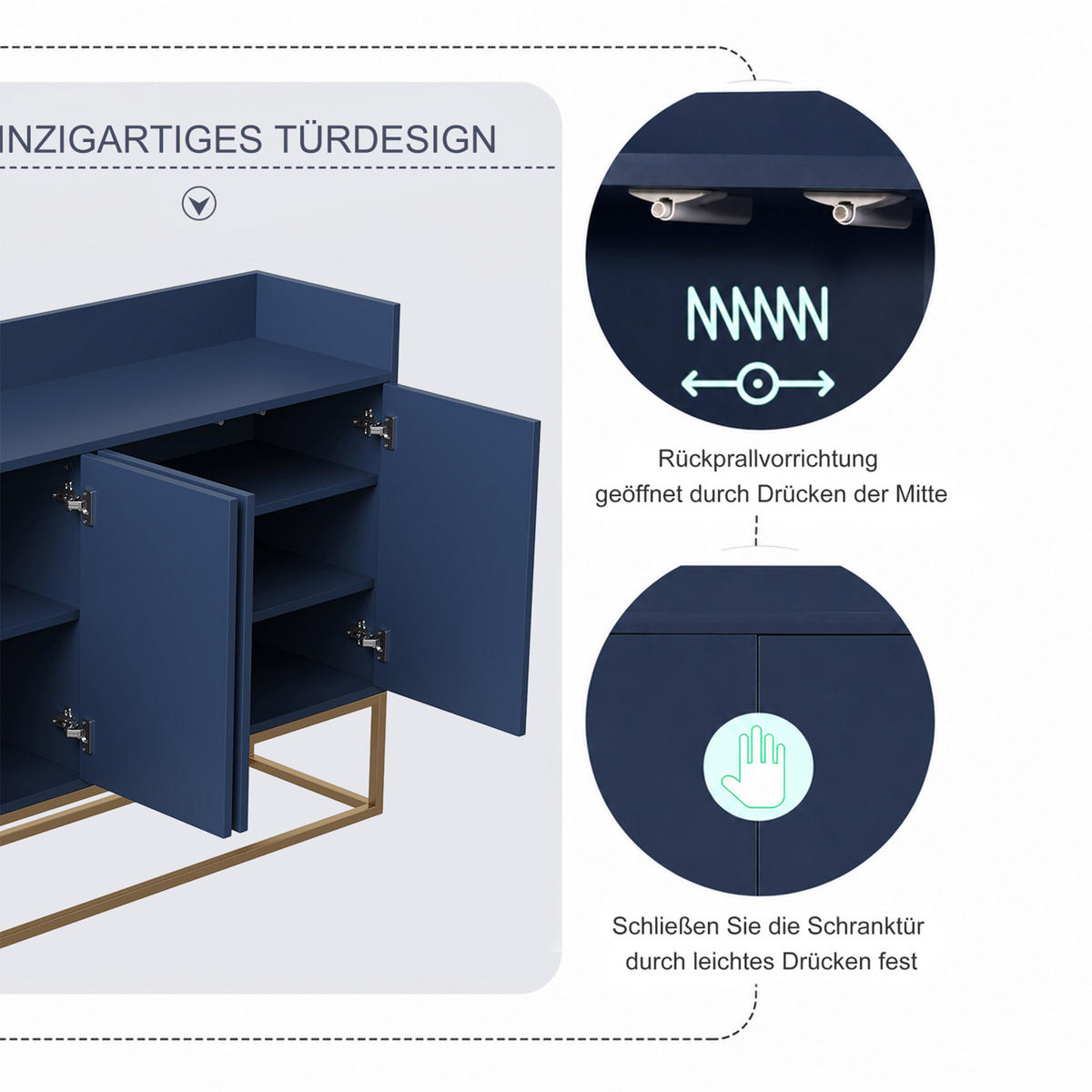 SIDEBOARD, 120/80/30 cm, mit 4 Türen, MDF, blau - Blau, Holz/Metall (120/80/30cm) - GENKI LIVING