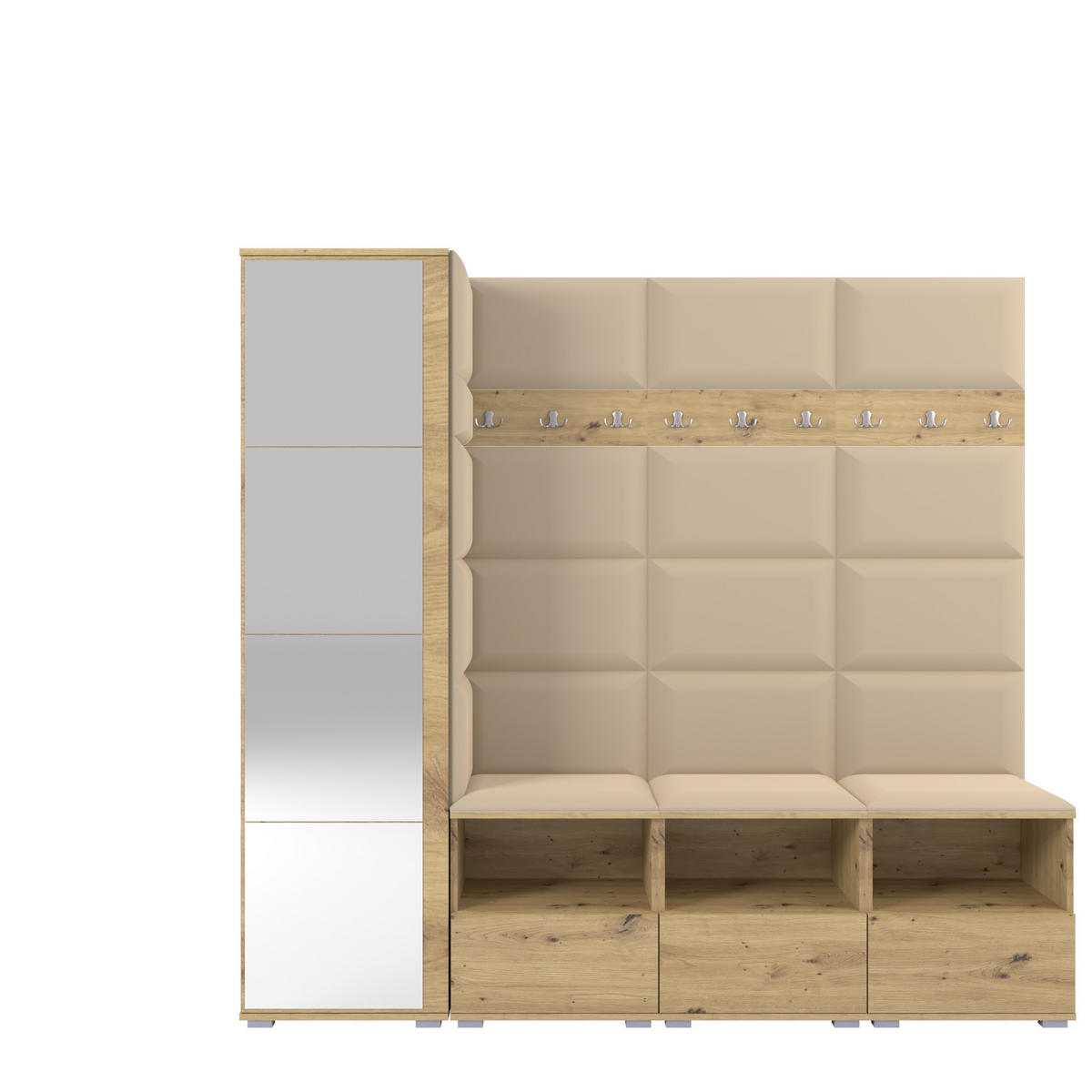 GARDEROBE NELA IX 200 cm (Modulare Flurmöbel Artisan Eiche mit Spiegel & Sitzpolster Beige 04 Breite Sitzbank) - Beige/Silberfarben, Holz/Holzwerkstoff (200/187/40cm) - Ravio