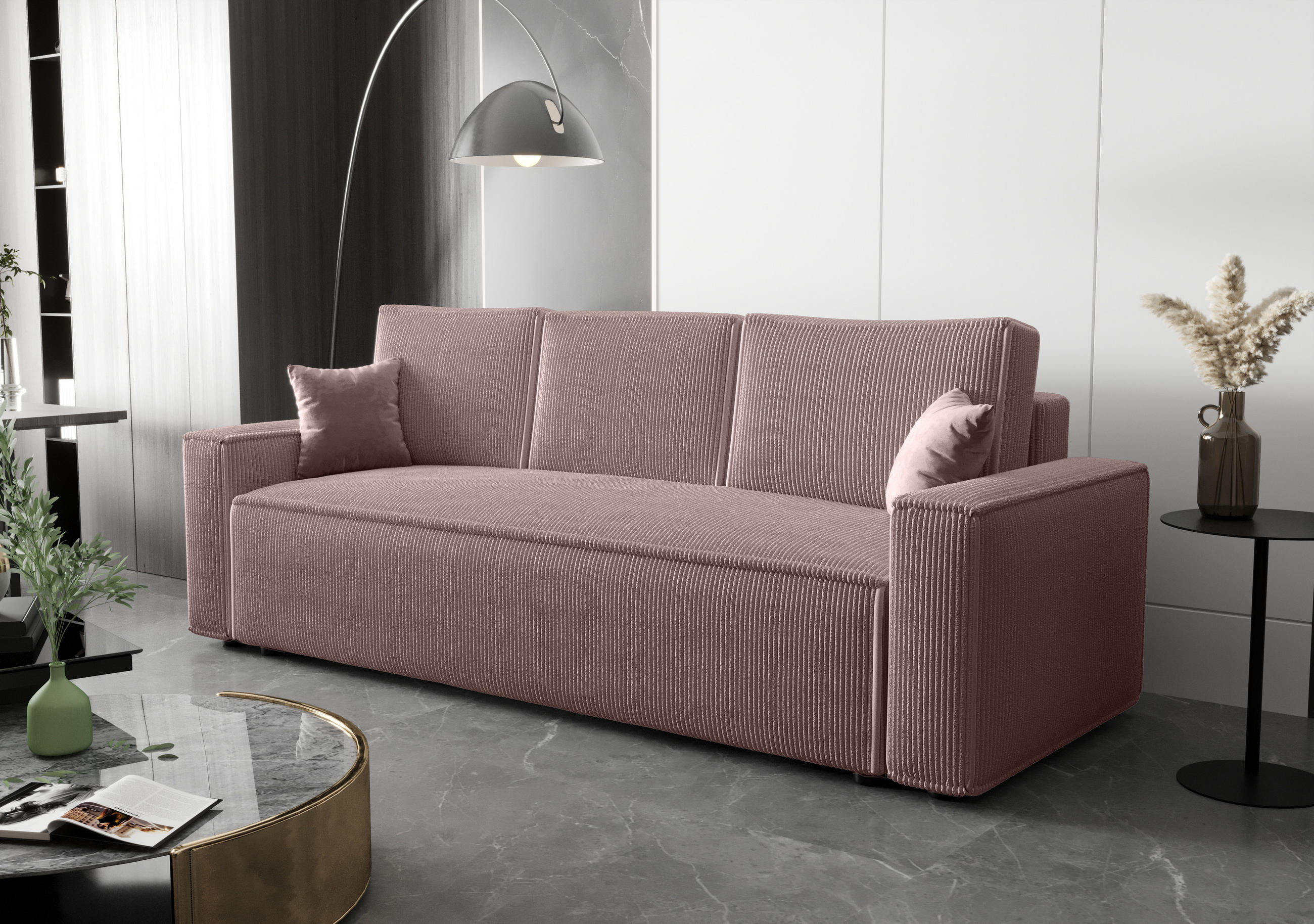SOFA AMBRO Poso 27 mit Schlaffunktion, Puderrosa, Sofa mit Stauraum - Pink, Textil (90/85/230cm) - Bedante