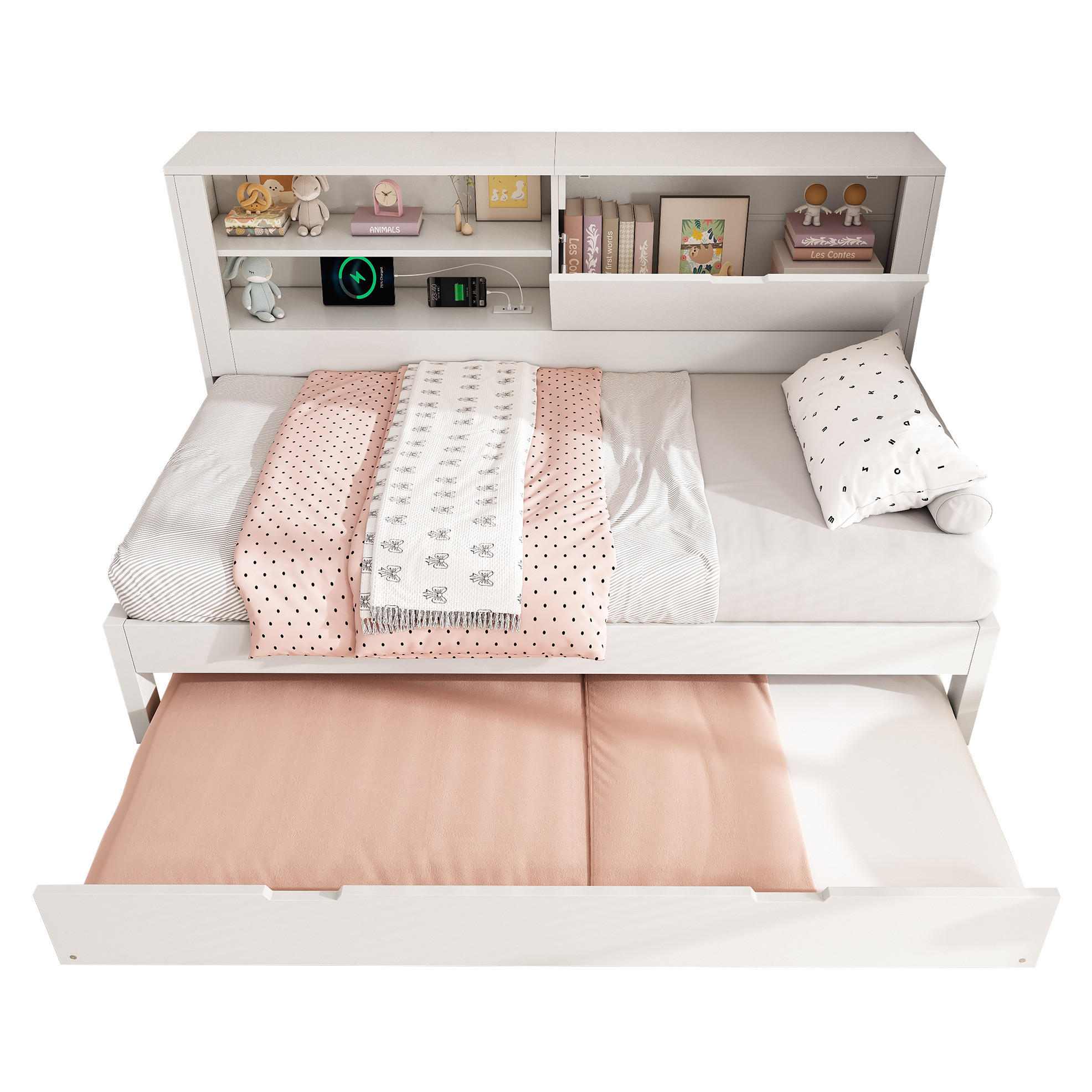POLSTERBETT 90/200 cm Weiß aus Holz mit Ausziehbett - Weiß, Textil (90/200cm) - OKMYHOME