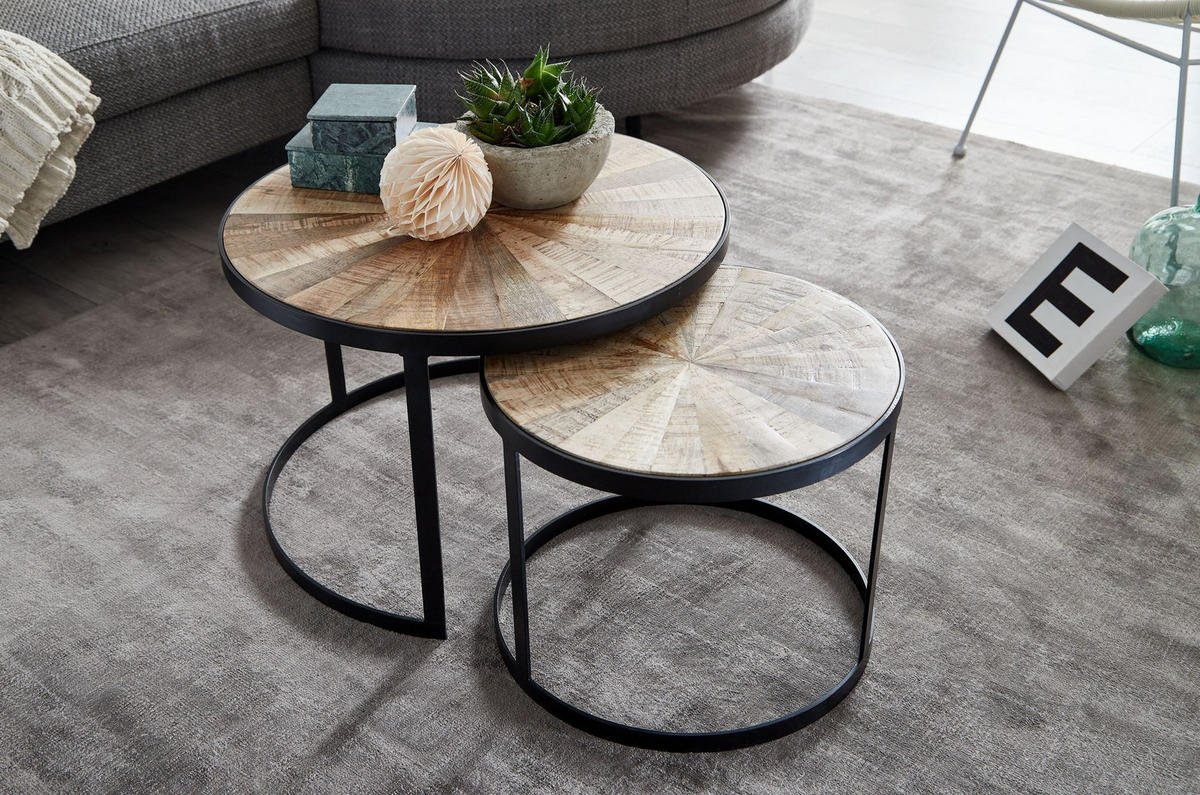 COUCHTISCH 2er Set Massivholz Metall Platzsparend Handgefertigt ESINO, Braun 60x60x40 cm - Schwarz/Braun, Holz/Metall (60/60/40cm) - KADIMA DESIGN