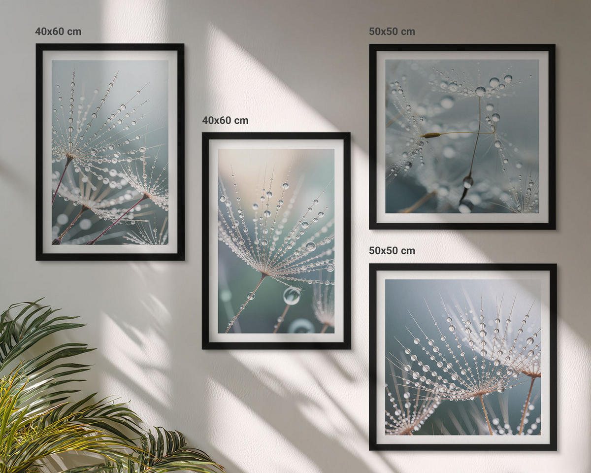 BILDER SET 4er Set - 50x50 cm & 40x60 cm Schwarzer Rahmen - Wassertropfen auf Löwenzahnsprossen - Schwarz, Kunststoff (50/50cm) - TULUP