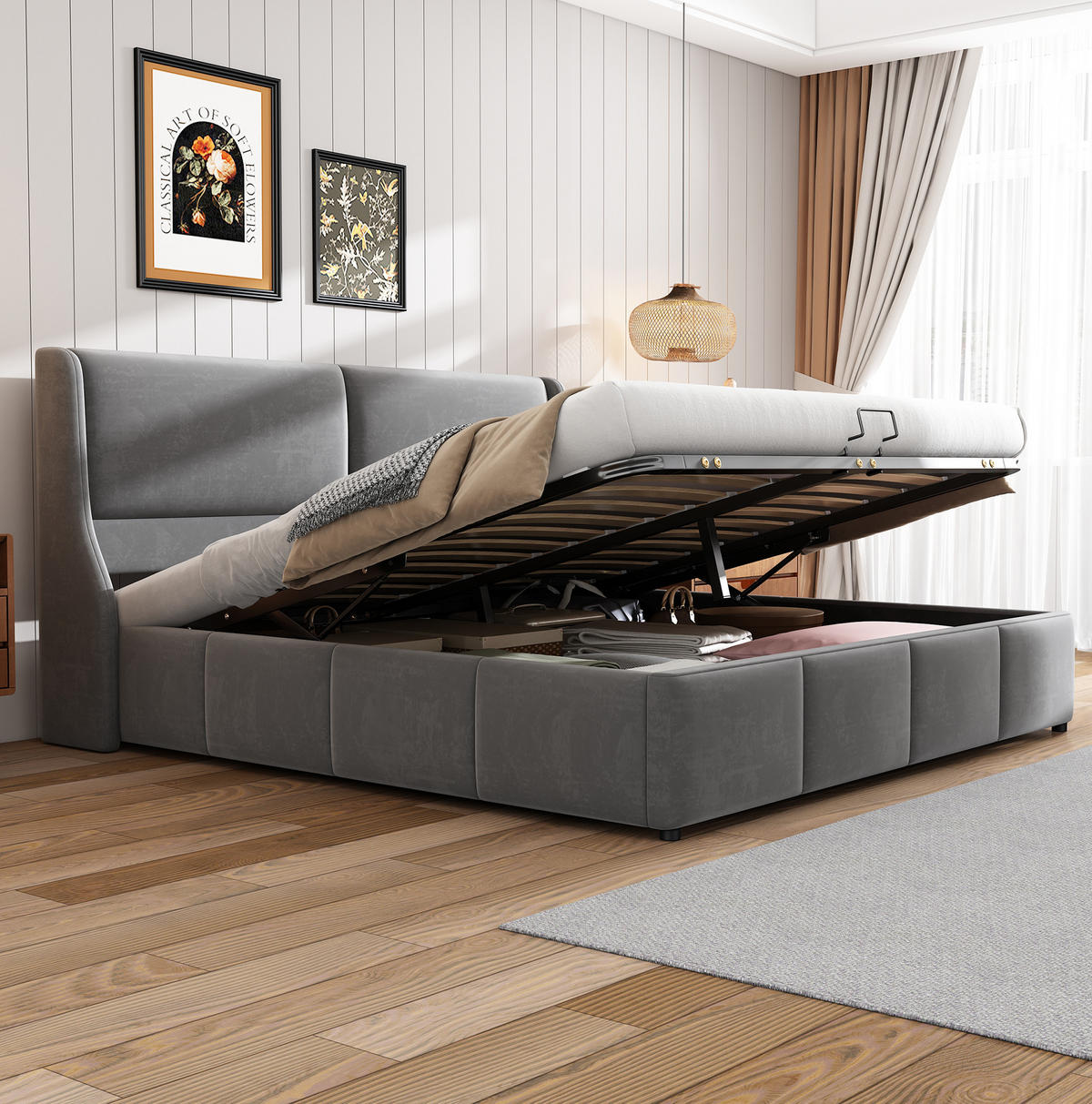 POLSTERBETT mit Bettkasten 160x200 cm Samt Grau - Grau, Metall (160/200cm) - Meubliv