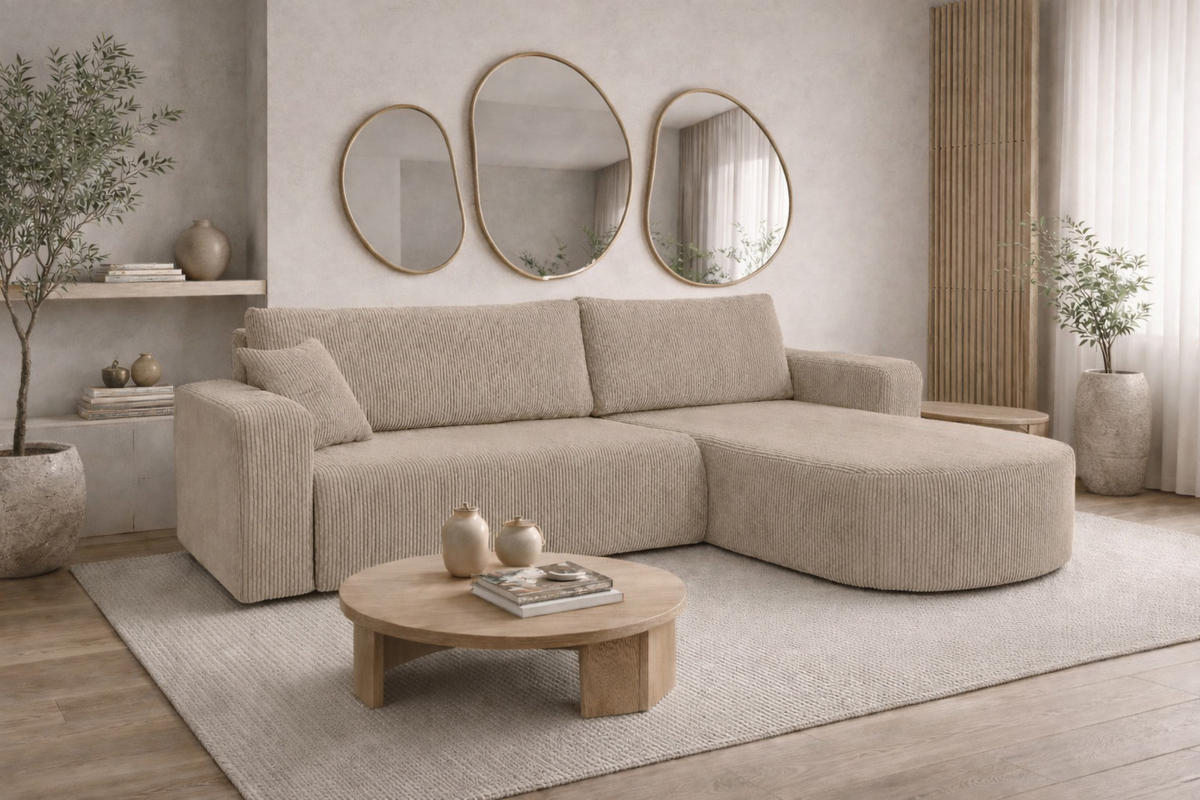 ECKSOFA Mit Schlaffunktion, Cordstoff Poso, Dunkelbeige, Rechts, ROUND ONE XL - Beige, Holz (271/175cm) - Kaiser Möbel