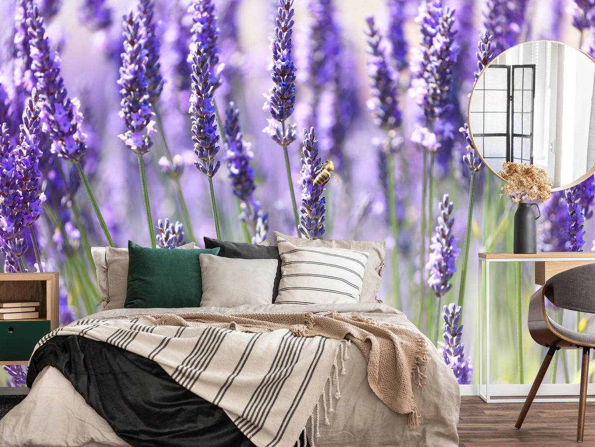 FOTOTAPETE für Küche Lavendelwiese Blumen Kräuter 200x140 - Violett/Grün, Papier (200/140cm) - Muralo