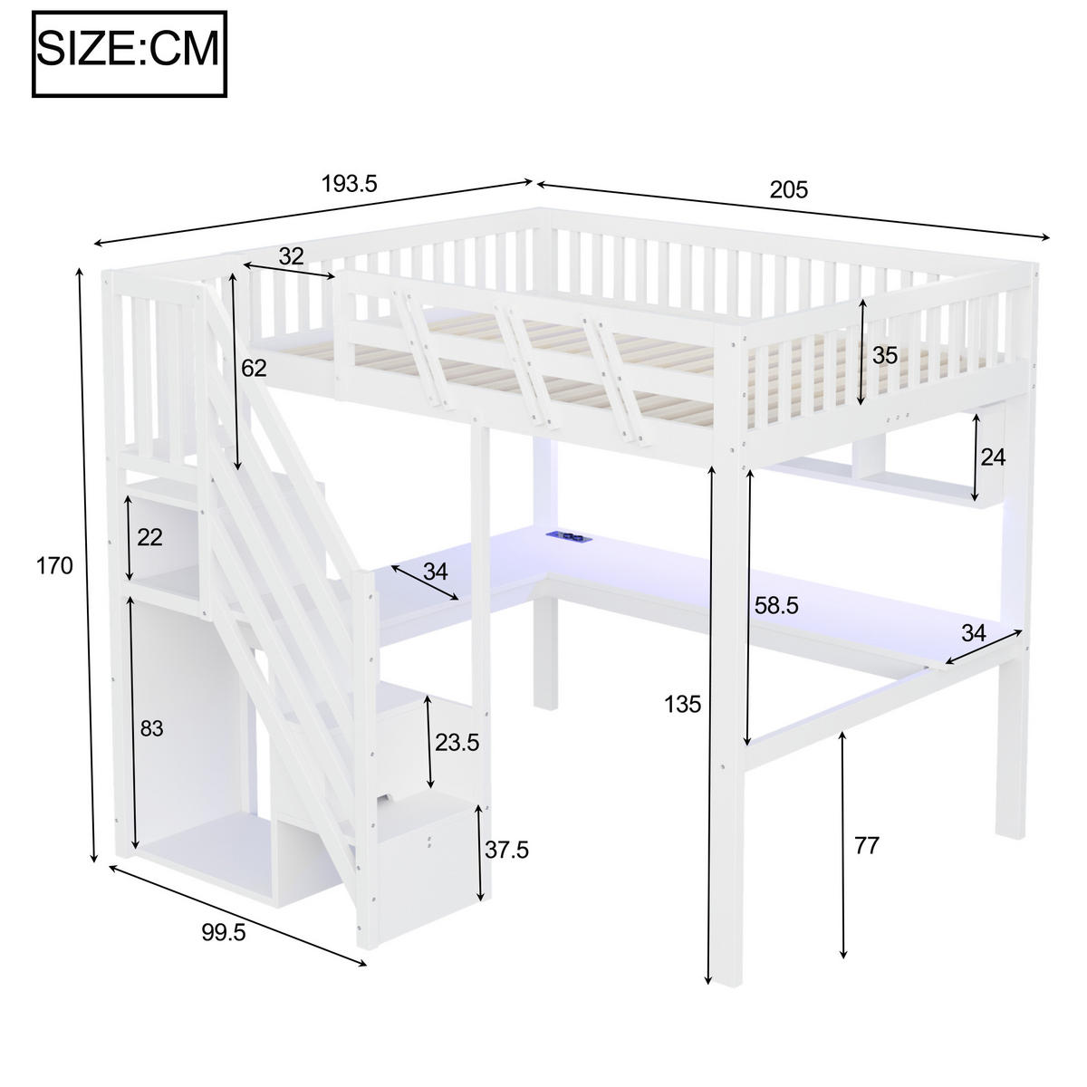 HOCHBETT 140/200 cm mit Schreibtisch, LED, Steckdosen und Stauraumtreppe, Weiß - Weiß, Holzwerkstoff (140/200cm) - Redom