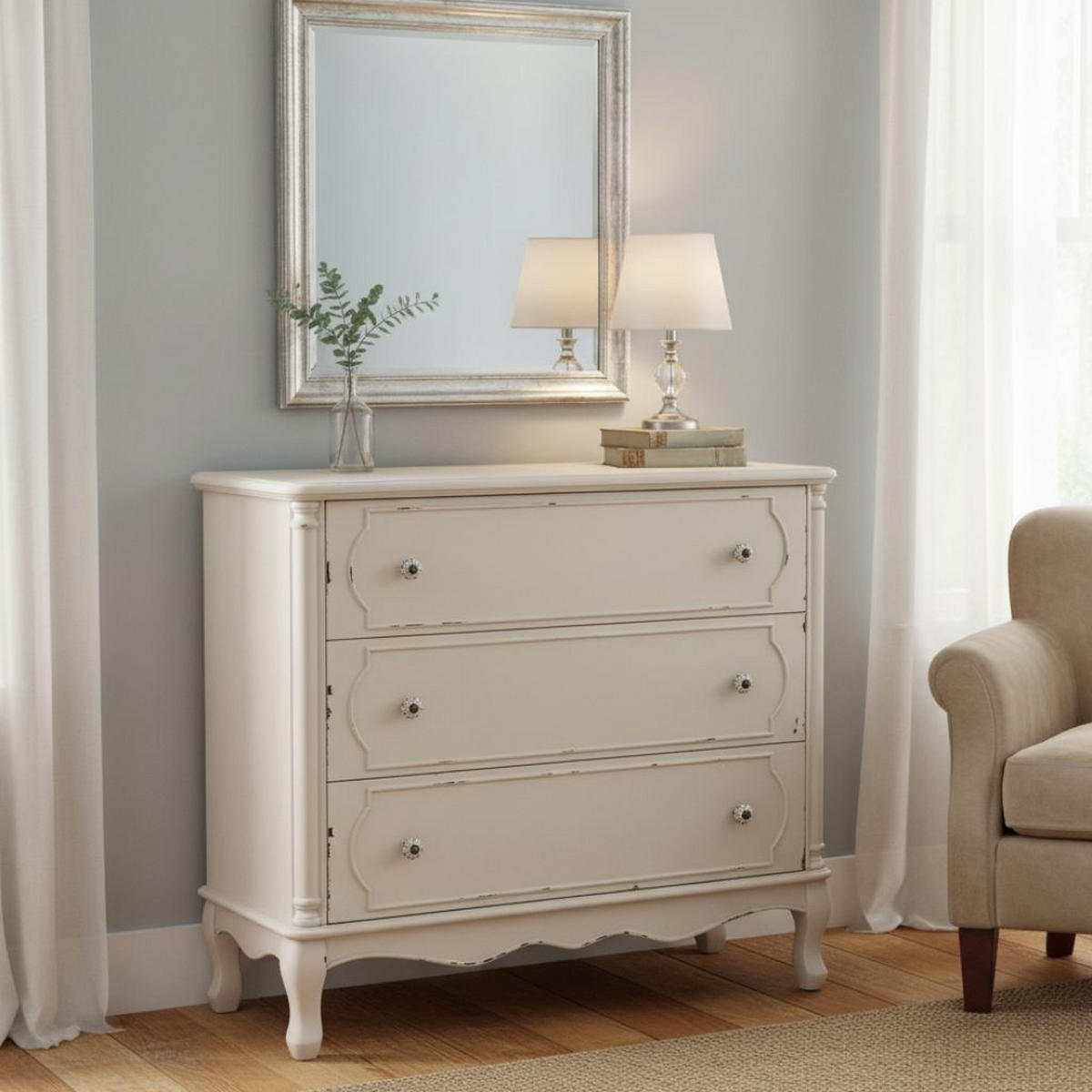 KOMMODE aus gealtertem Holz mit 3 Schubladen 100x38x86,5h cm - Weiß - Weiß, Holz (100/86/38cm) - Wanderlust