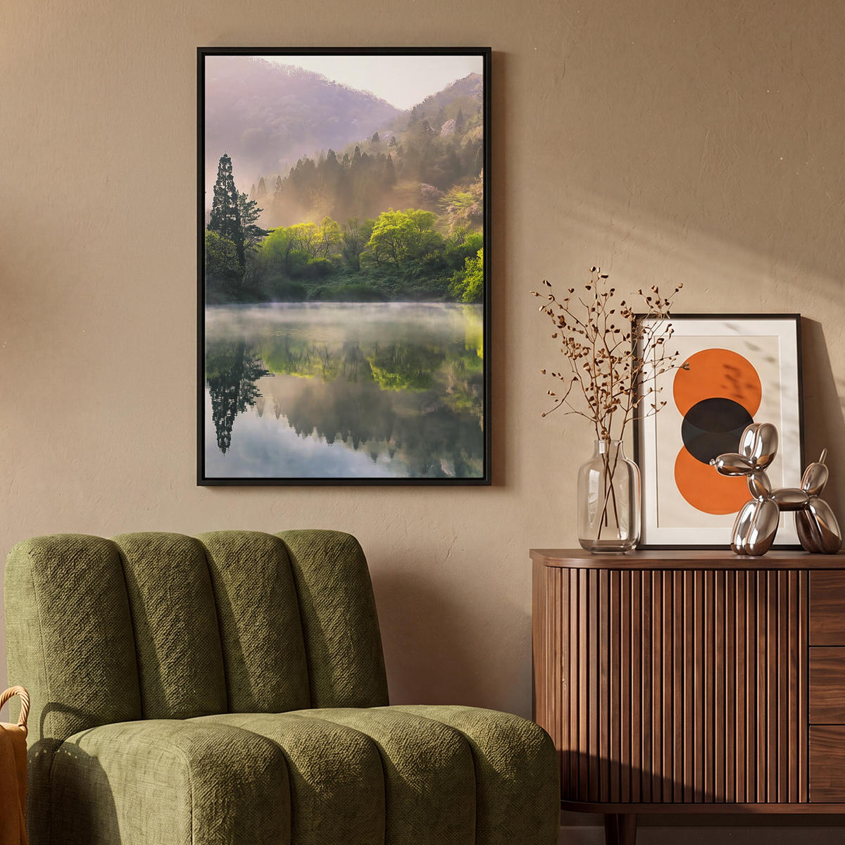 LEINWAND Bilder mit Rahmen - Natur - Bäume - Berge - See - Wasser - 60x90 - Hellgrün, Textil (60/90cm) - MuchoWow