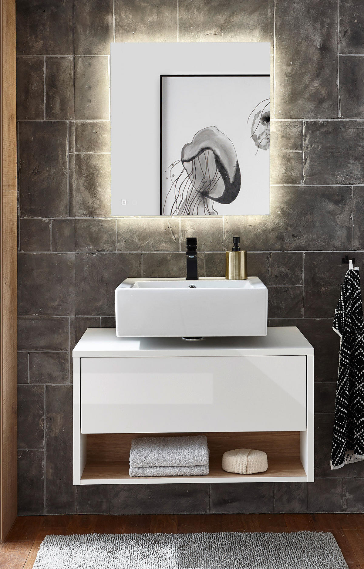 BADMÖBEL-SET 2-teilig weiß Hochglanz und Eiche, Badezimmer Set mit LED Beleuchtung, 80 cm - Weiß Hochglanz, Glas/Holzwerkstoff (80/190/46cm) - Furn.Design