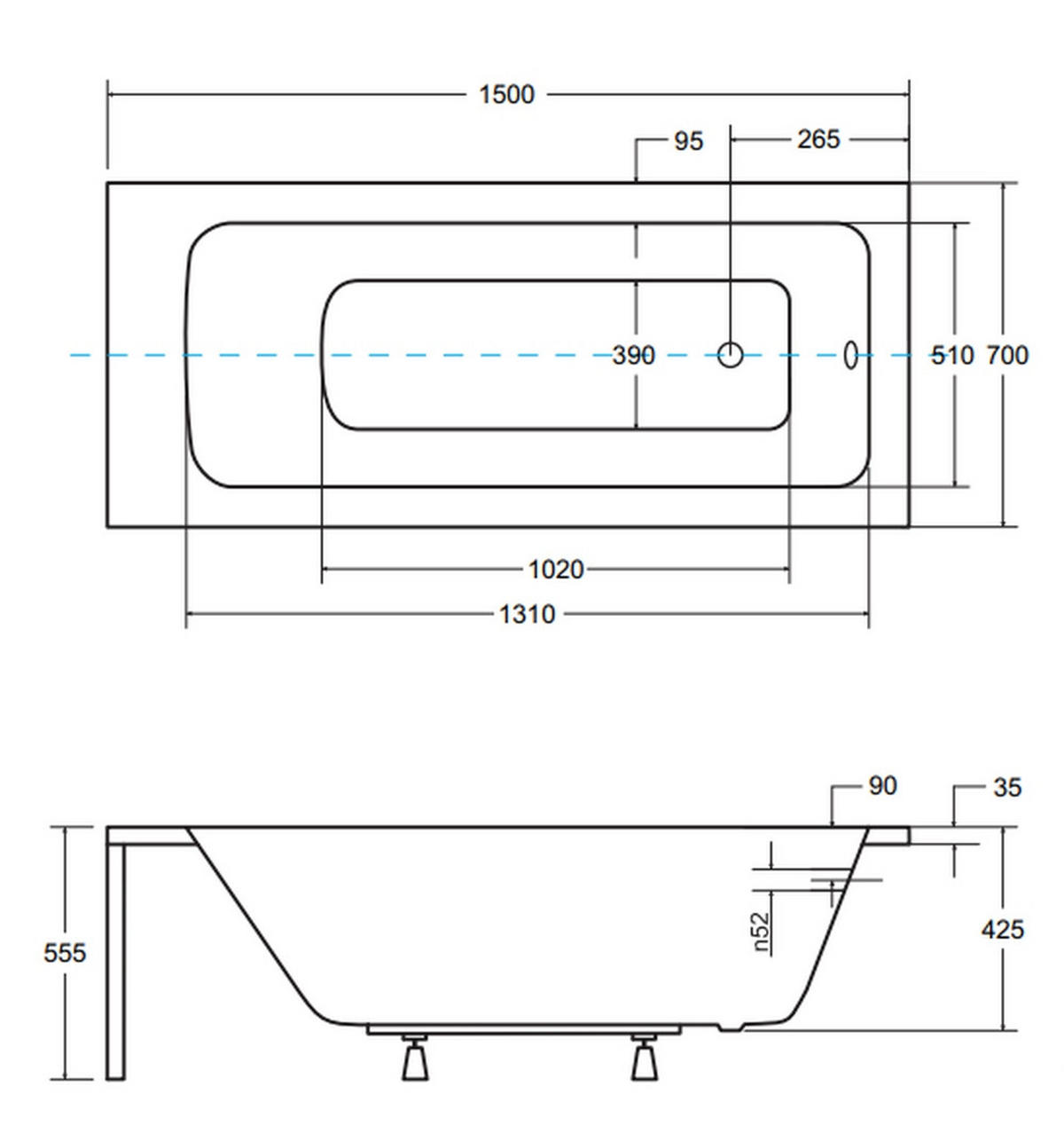 BADEWANNE Rechteck TALIA 150/70 + Styro + Ablage + Kopfstütze Ablauf Füße - Weiß, Kunststoff (70/55.5/150cm) - bad land