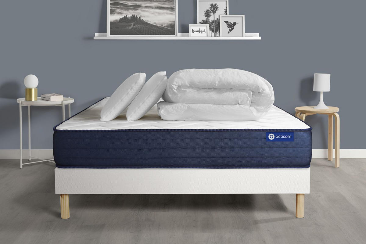BETT Actiflex life Taschenfederkern und Memory-Schaum 200 x 200 cm h4 - Kit Bettgestell Weiß - Mit Kissen und Bettdecke - Beige/Weiß, Holz/Textil (200/200cm) - ACTISOM